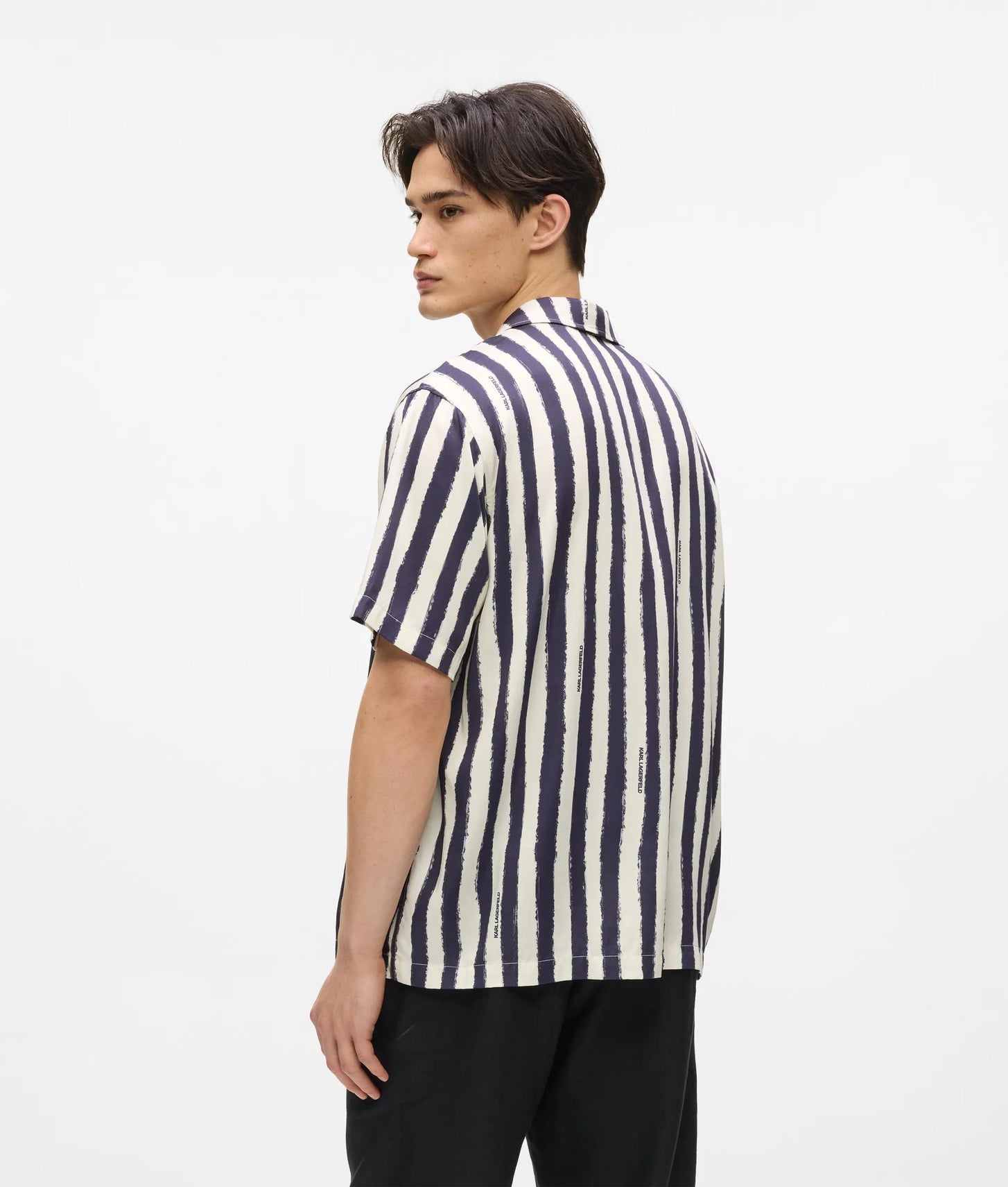 Karl Lagerfeld Ikon Short-Sleeved Striped Bowling Shirt Cannoli Cream