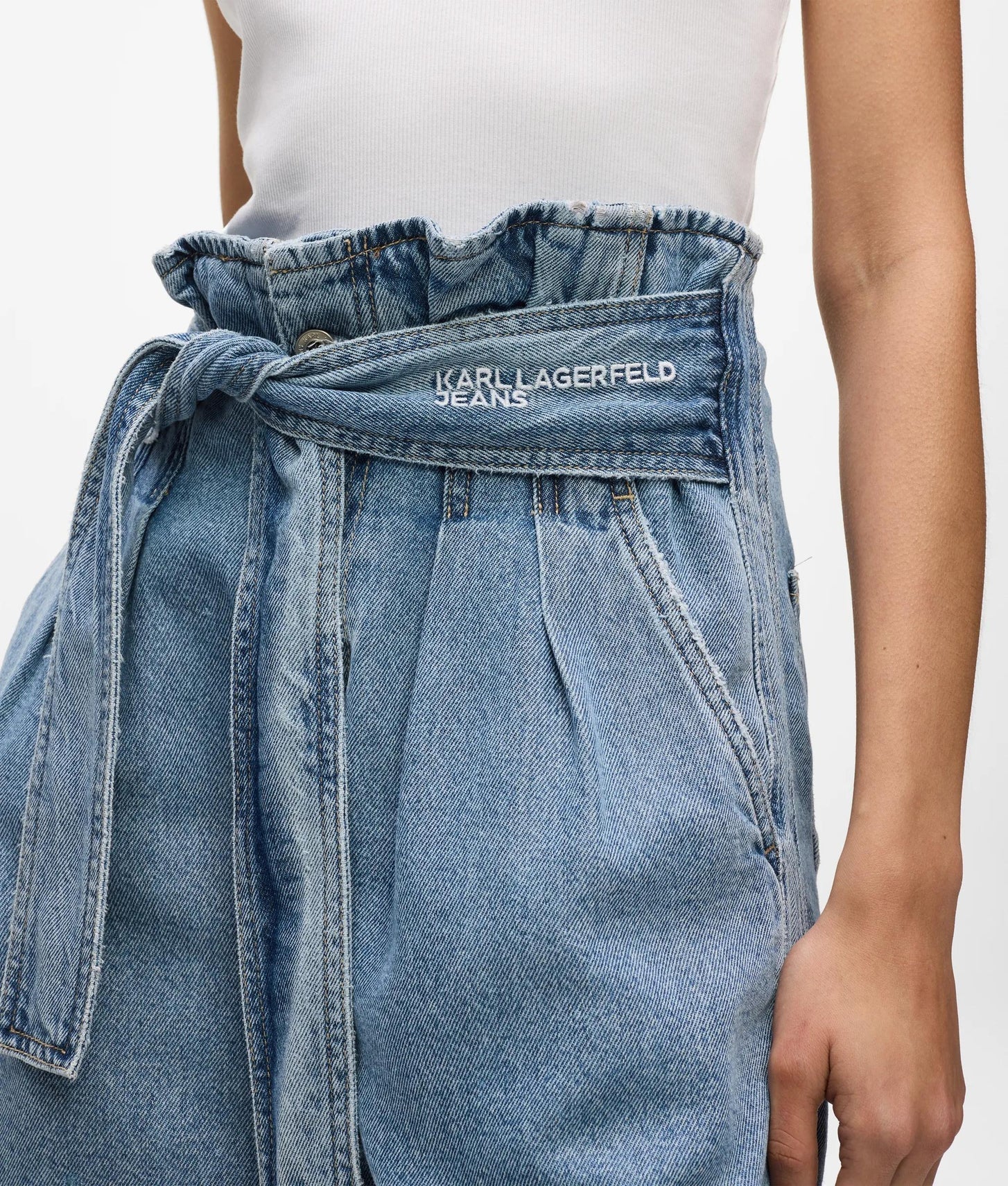 Karl Lagerfeld High-Rise Belted Denim Shorts Washed Mid Blue