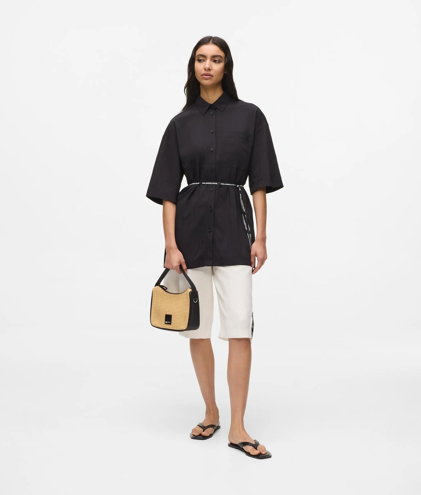 Karl Lagerfeld Short-Sleeved Tie Waist Shirt Black