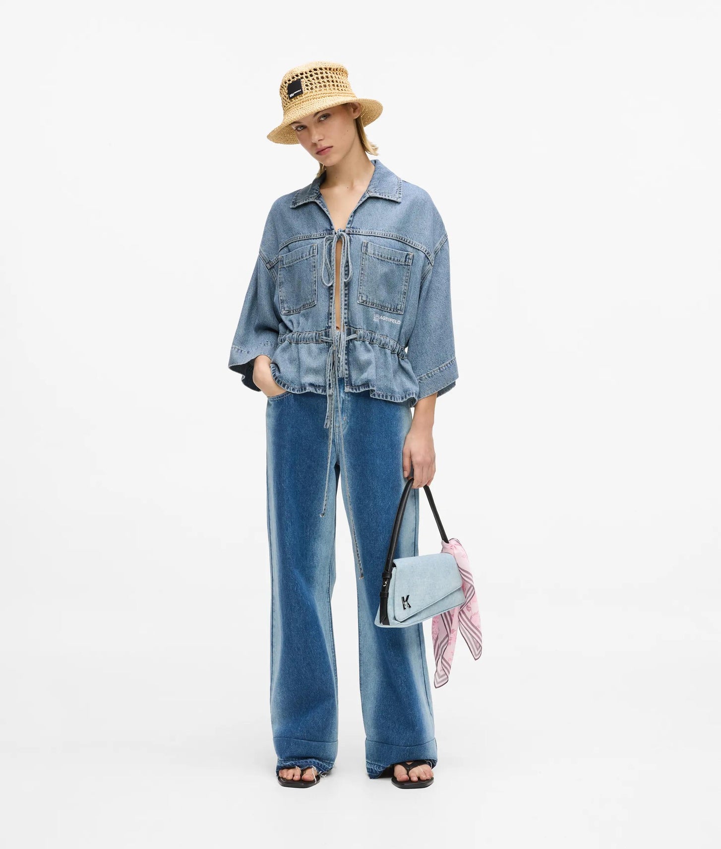 Karl Lagerfeld Short-Sleeved Tie Front Denim Shirt Washed Mid Blue