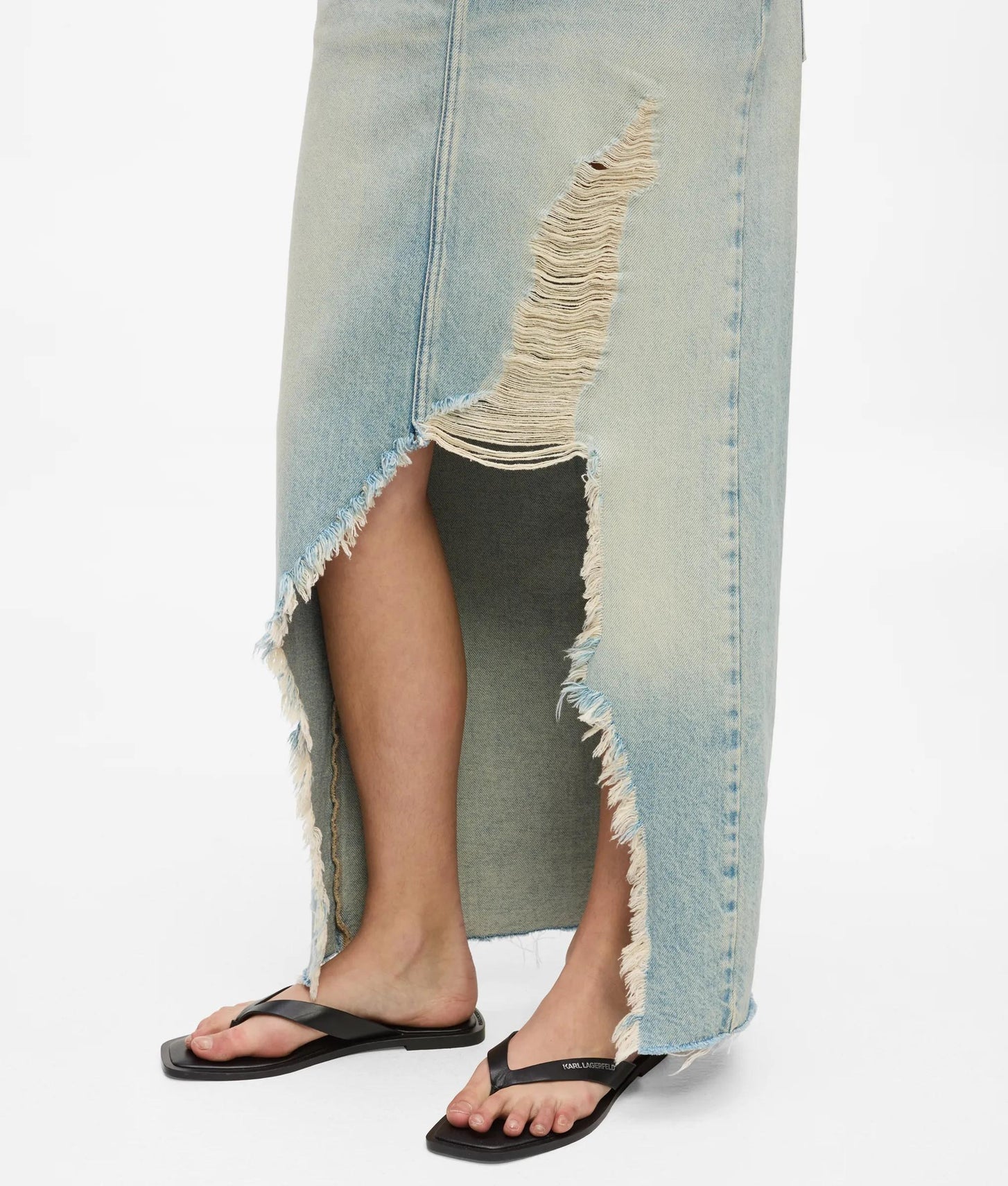Karl Lagerfeld Distressed Denim Maxi Skirt Tinted Washed Blue