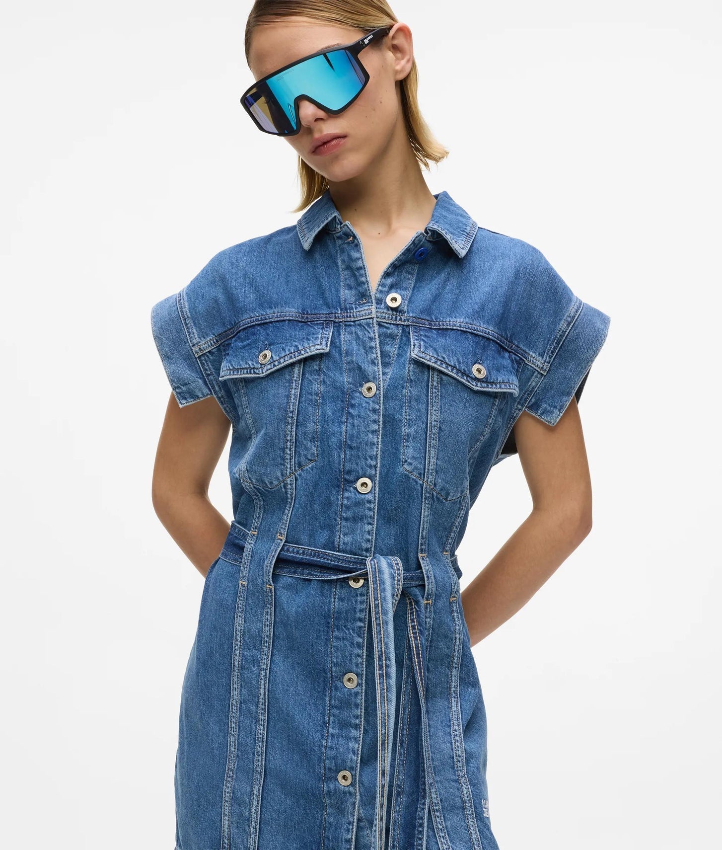Karl Lagerfeld Short-Sleeved Belted Denim Dress Mid Blue Stone