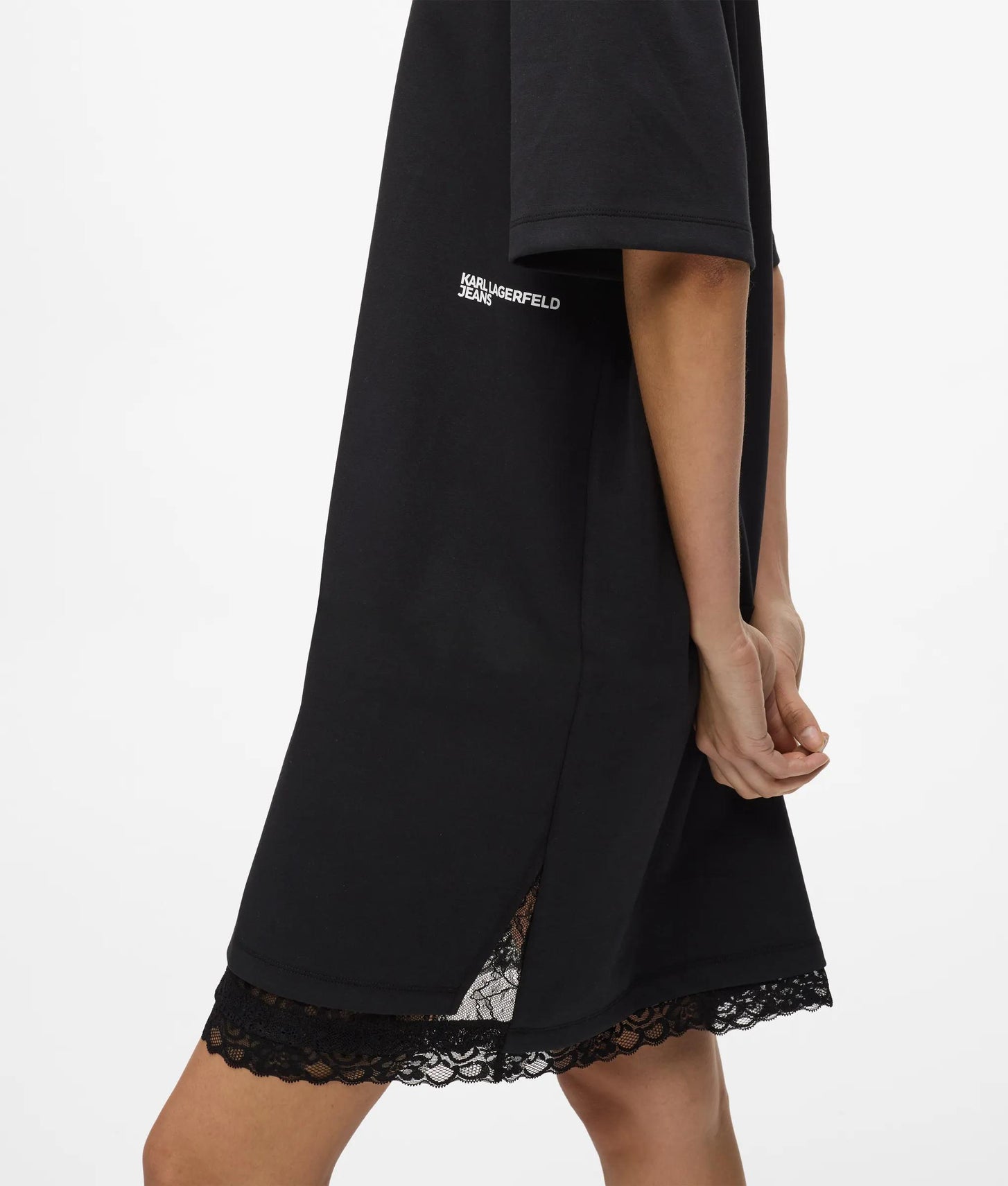 Karl Lagerfeld Lace Hem Relaxed T-Shirt Dress Black