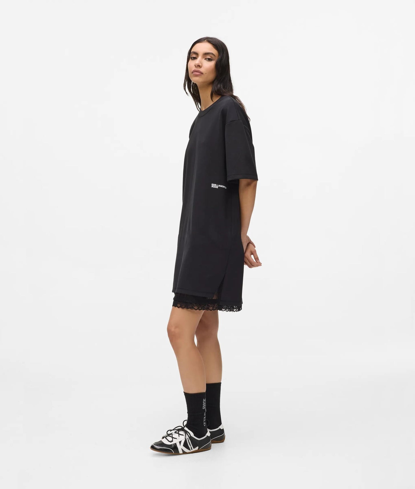 Karl Lagerfeld Lace Hem Relaxed T-Shirt Dress Black