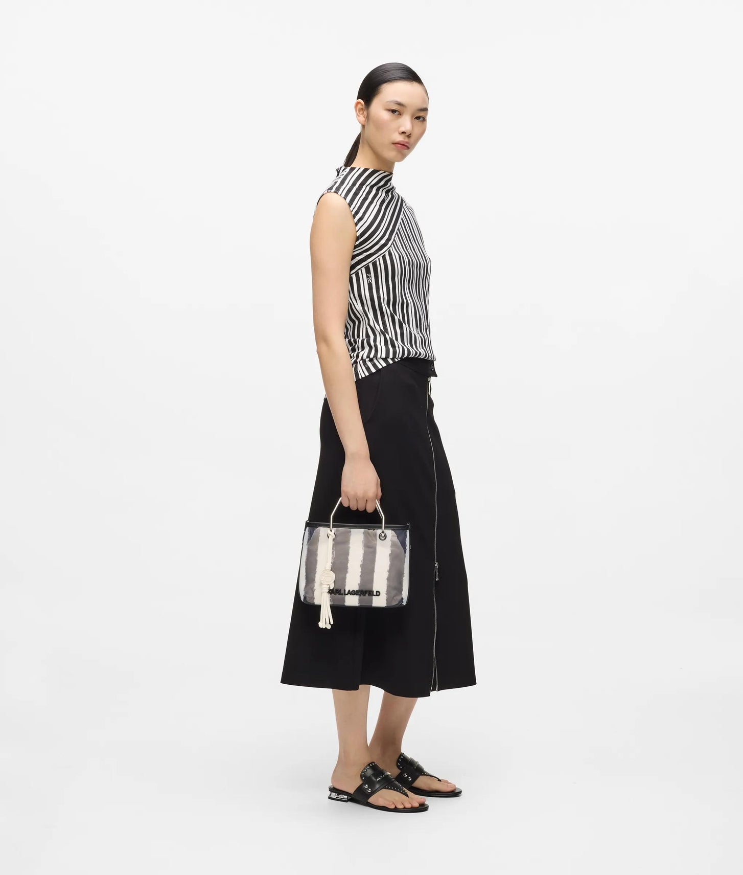 KarlLagerfeld Ikon Mesh Small Tote Bag Black Stripes