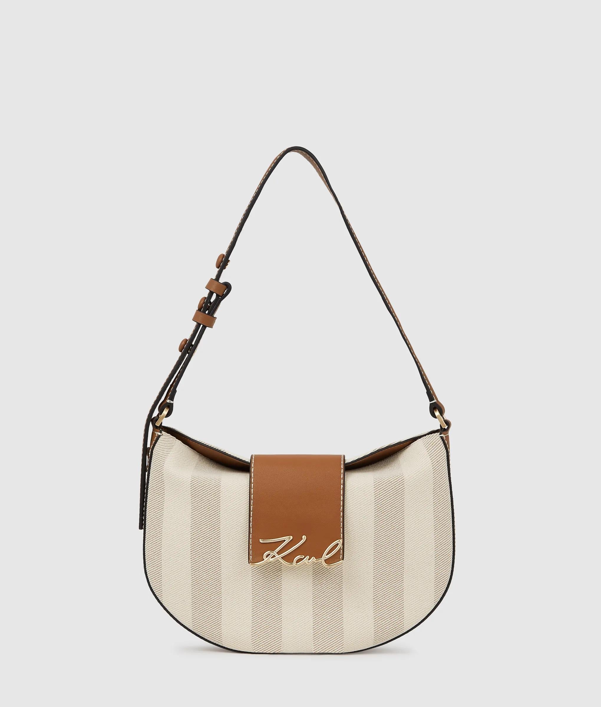 KarlLagerfeld Ksignature Striped Shoulder Bag Natural Canvas Tan