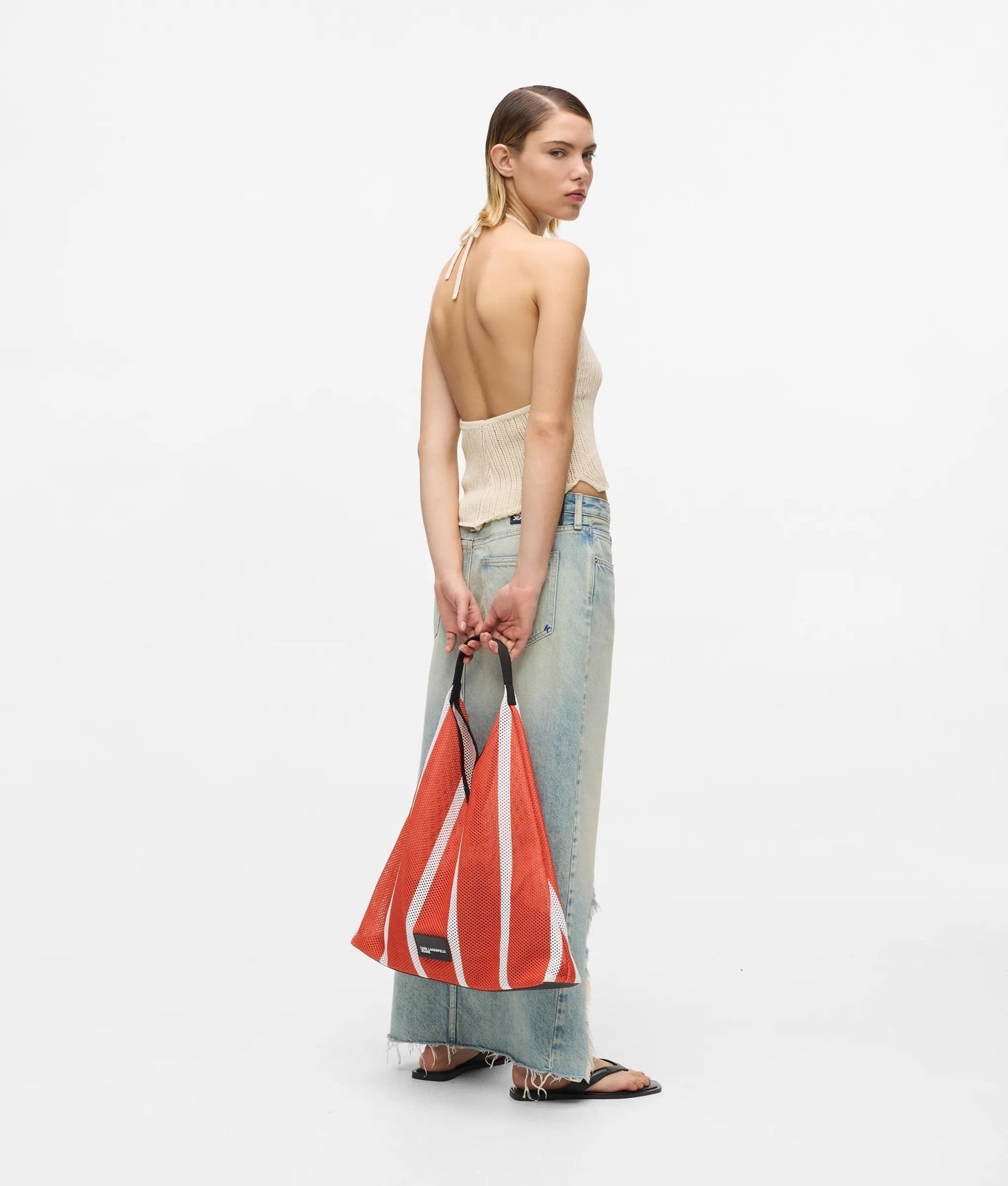 KarlLagerfeld Striped Mesh Tote Bag Vertical Grenadine-White Stripes