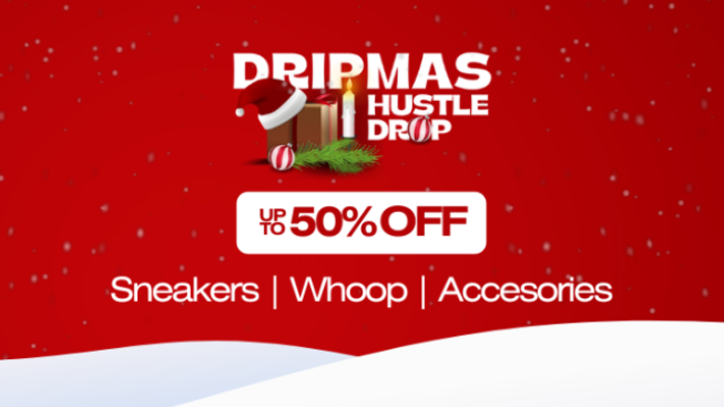 Promotional banner for a sale on sneakers, whoppers, and accessories with a red background and 'DripMas' branding.