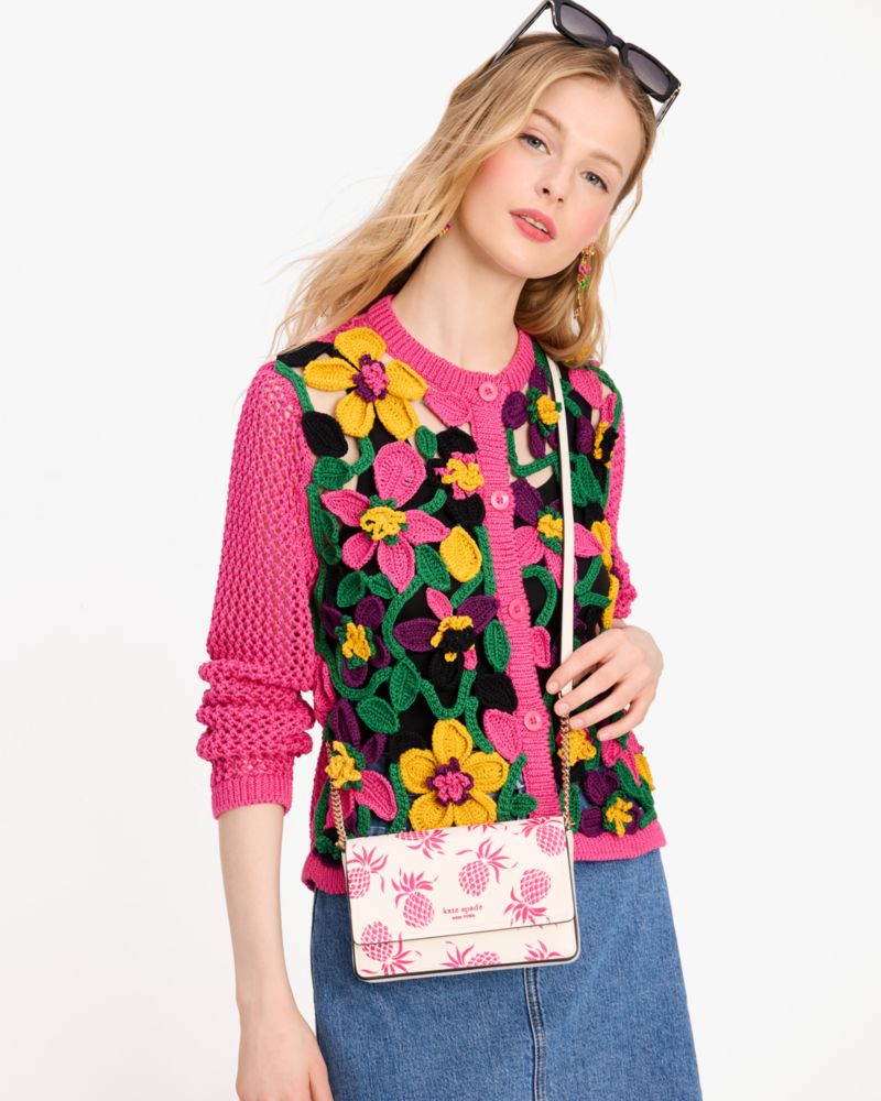 KateSpade Morgan Pineapple Embossed Flap Chain Wallet Cream Multi