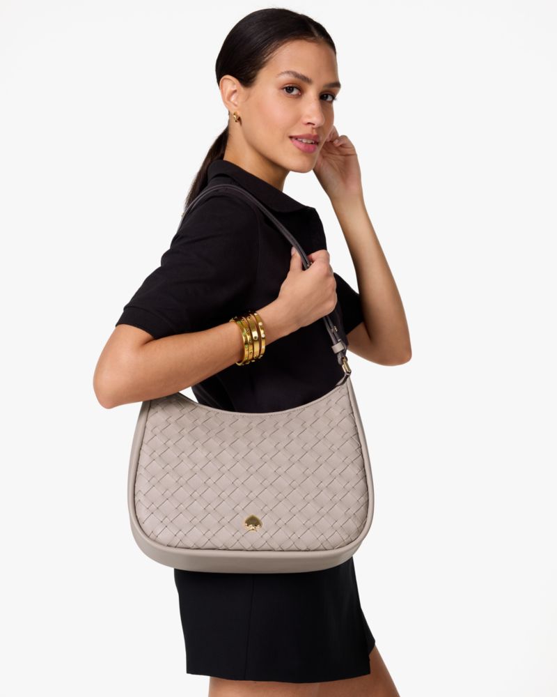 KateSpade Kayla Woven Leather Large Shoulder Bag Cozy Grey