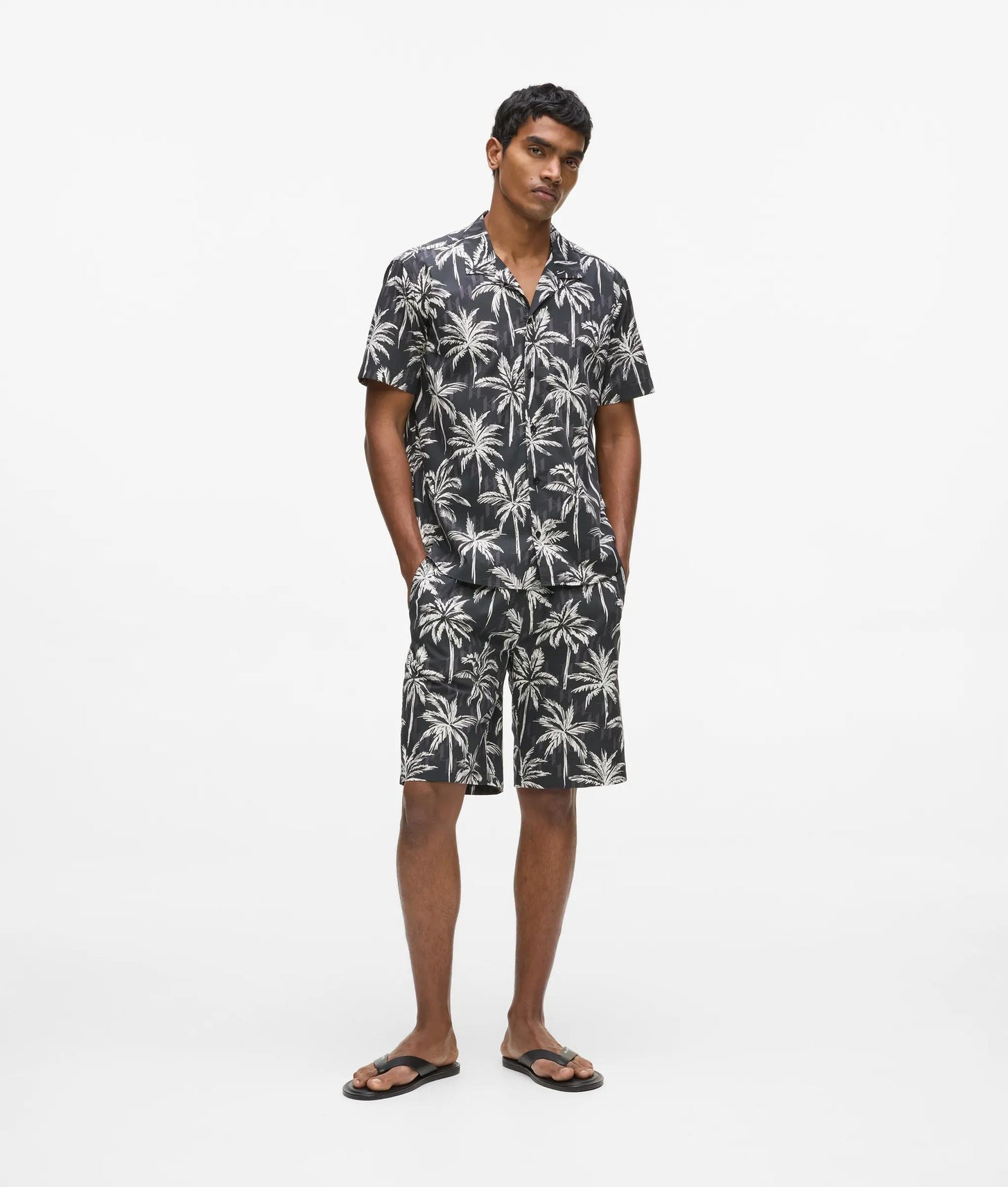 Karl Lagerfeld Palm-Print Short-Sleeved Shirt Black