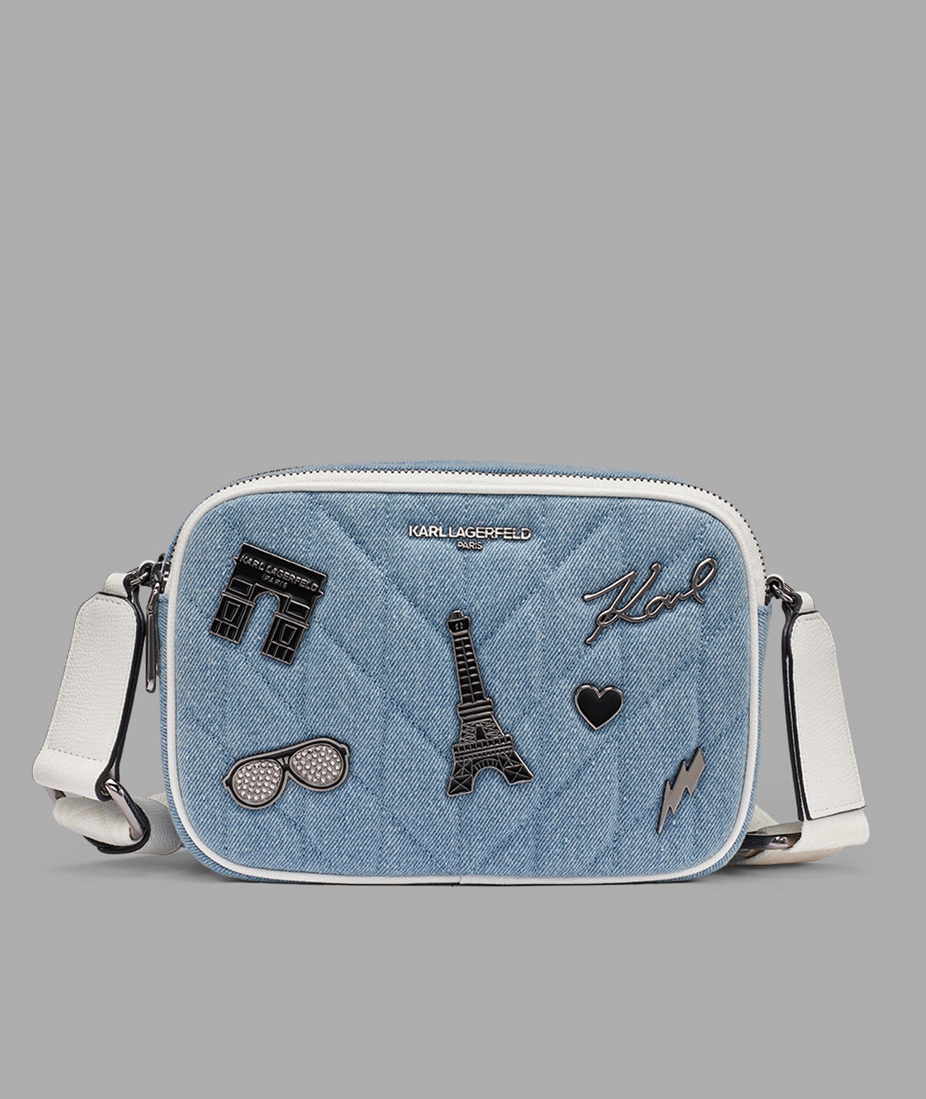 KarlLagerfeld Maybelle denim crossbody with paris pins light denim