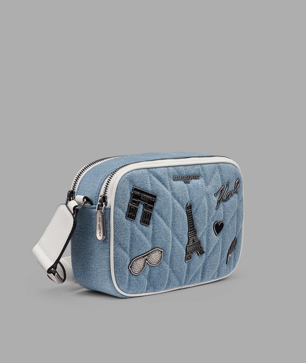 KarlLagerfeld Maybelle denim crossbody with paris pins light denim