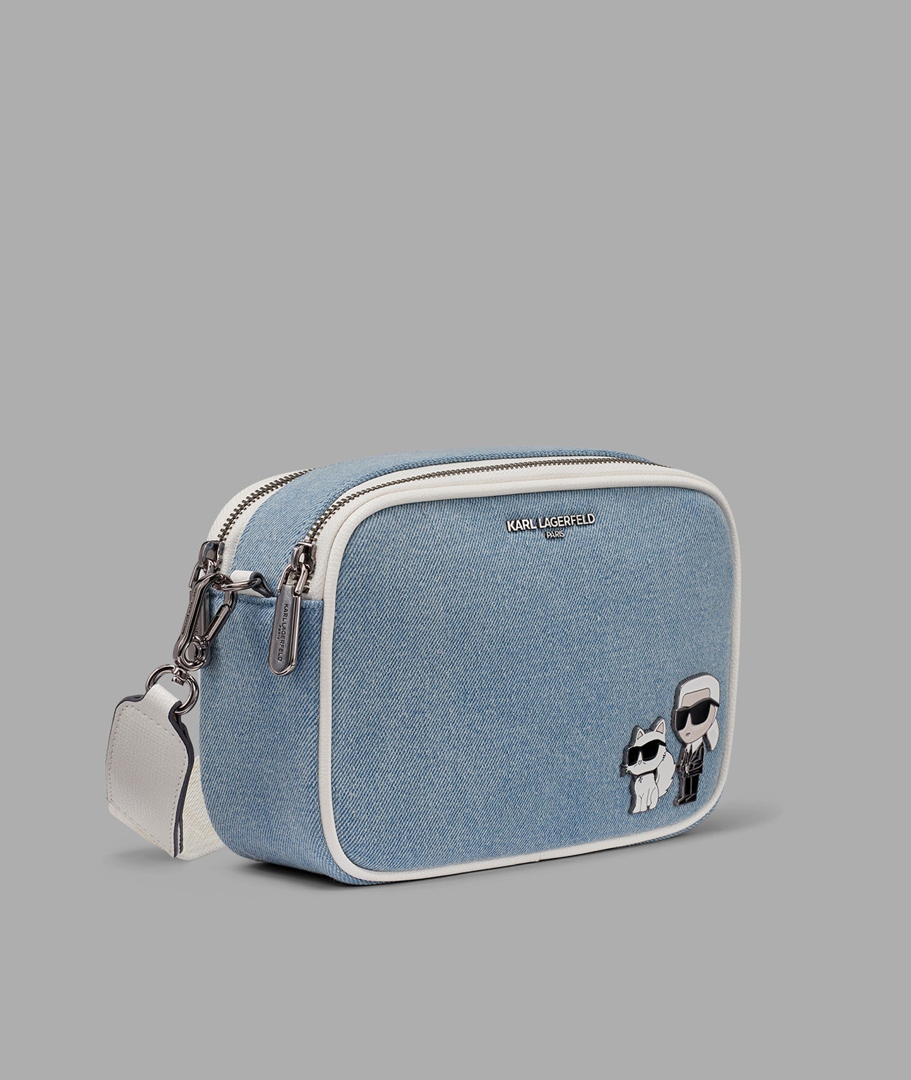 KarlLagerfeld Maybelle denim crossbody with duo pin light denim