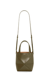 Loewe Mini Puzzle Fold Tote In Shiny Calfskin Dark Khaki Green