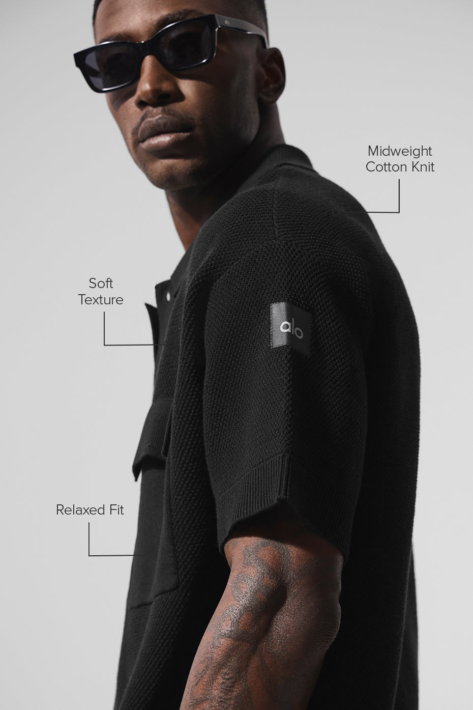 Alo Yoga Sports Club Sweater Knit Short Sleeve Button Up - Black
