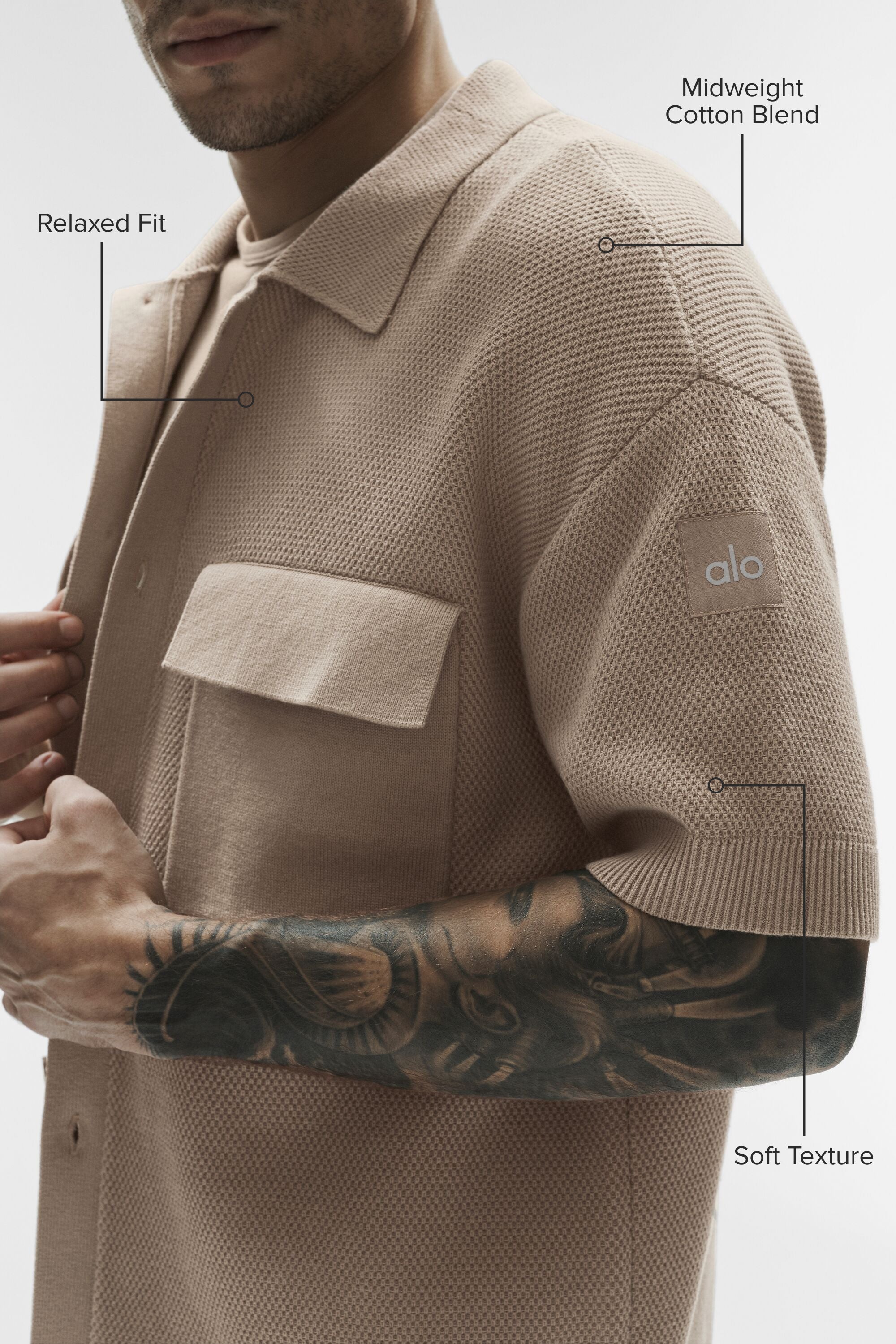 Alo Yoga Sports Club Sweater Knit Short Sleeve Button Up - Gravel