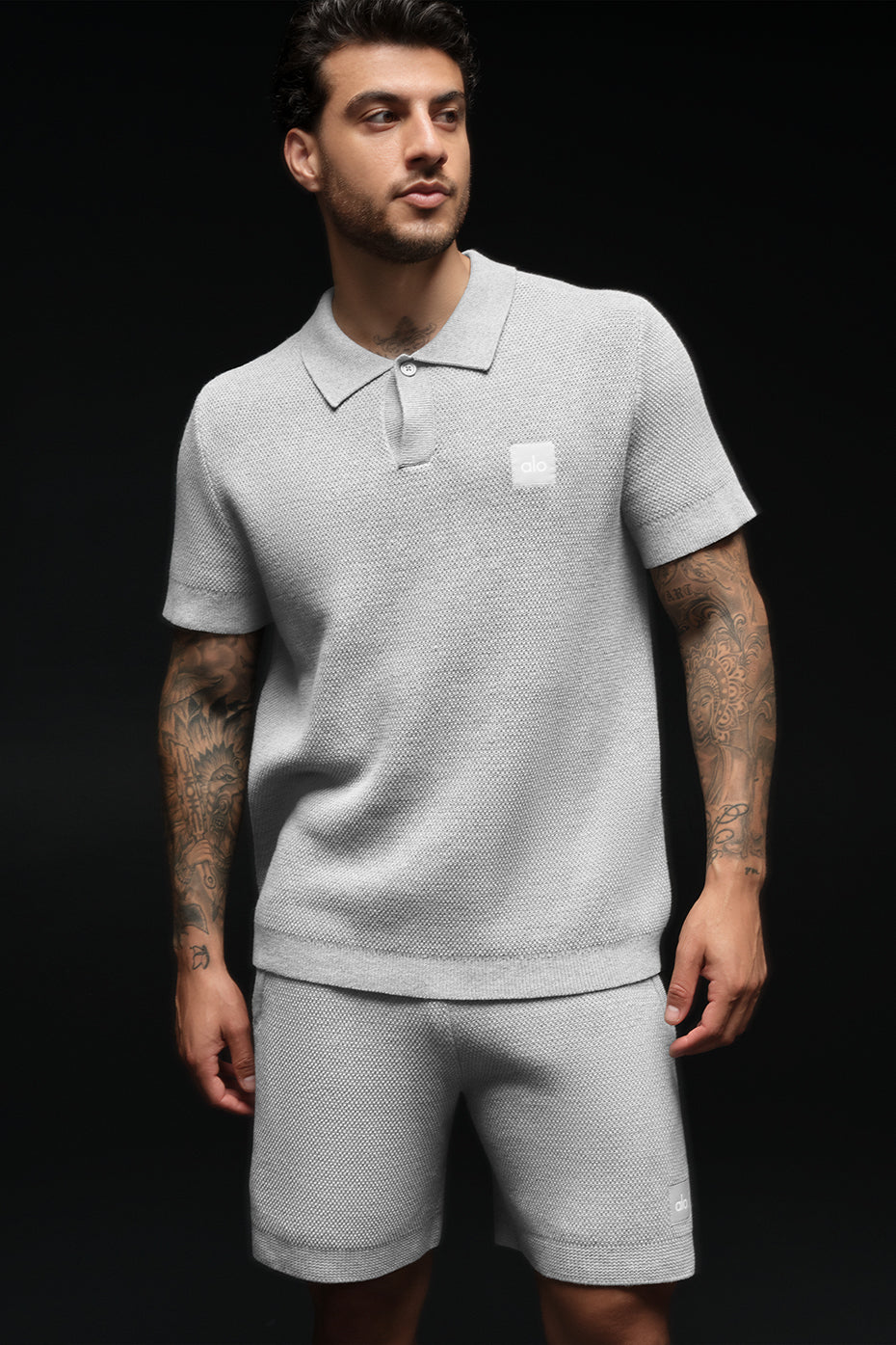 Alo Yoga Sports Club Sweater Knit Polo - Athletic Heather Grey