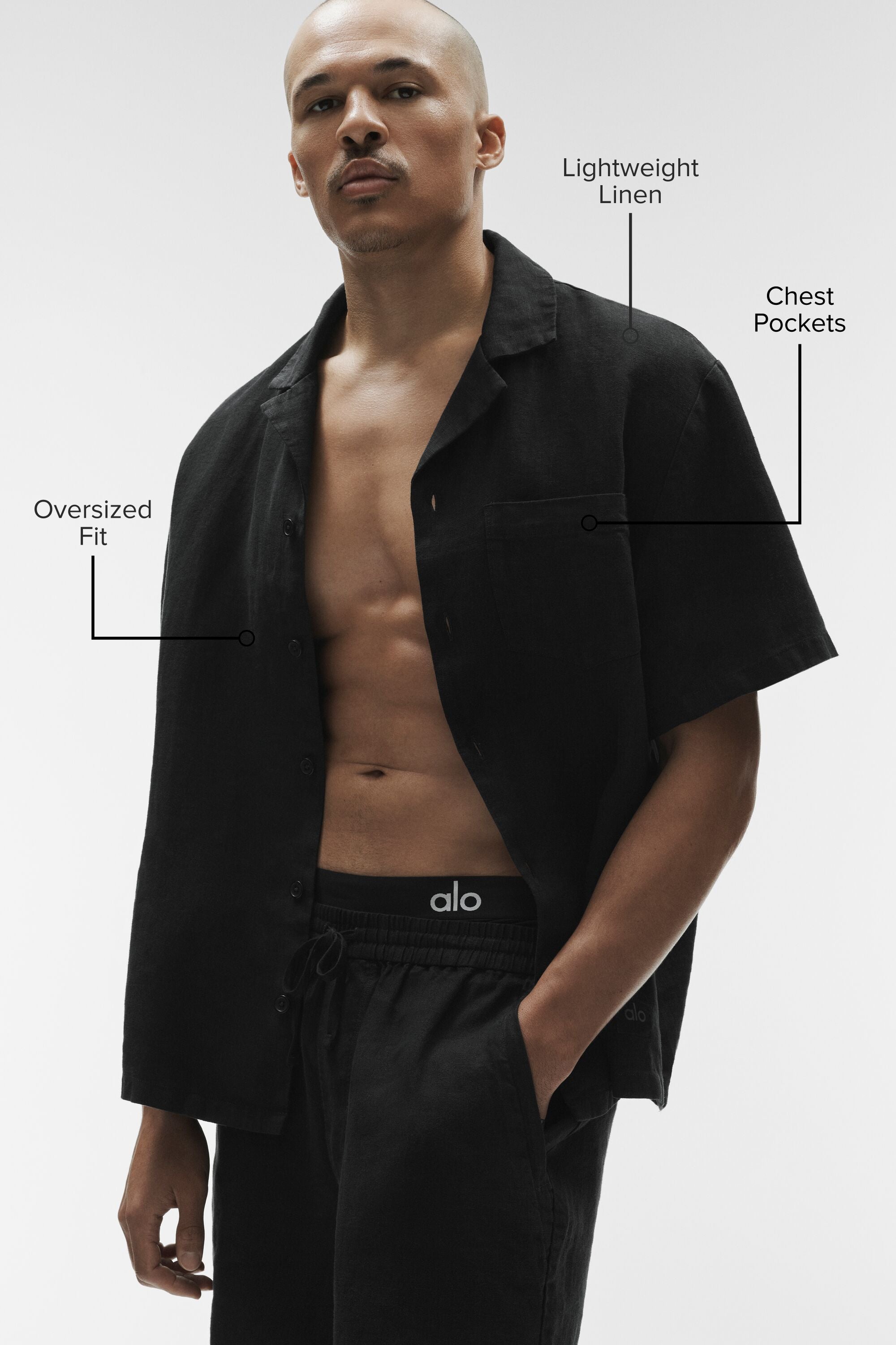 Alo Yoga Linen Days Short Sleeve Button Up - Black