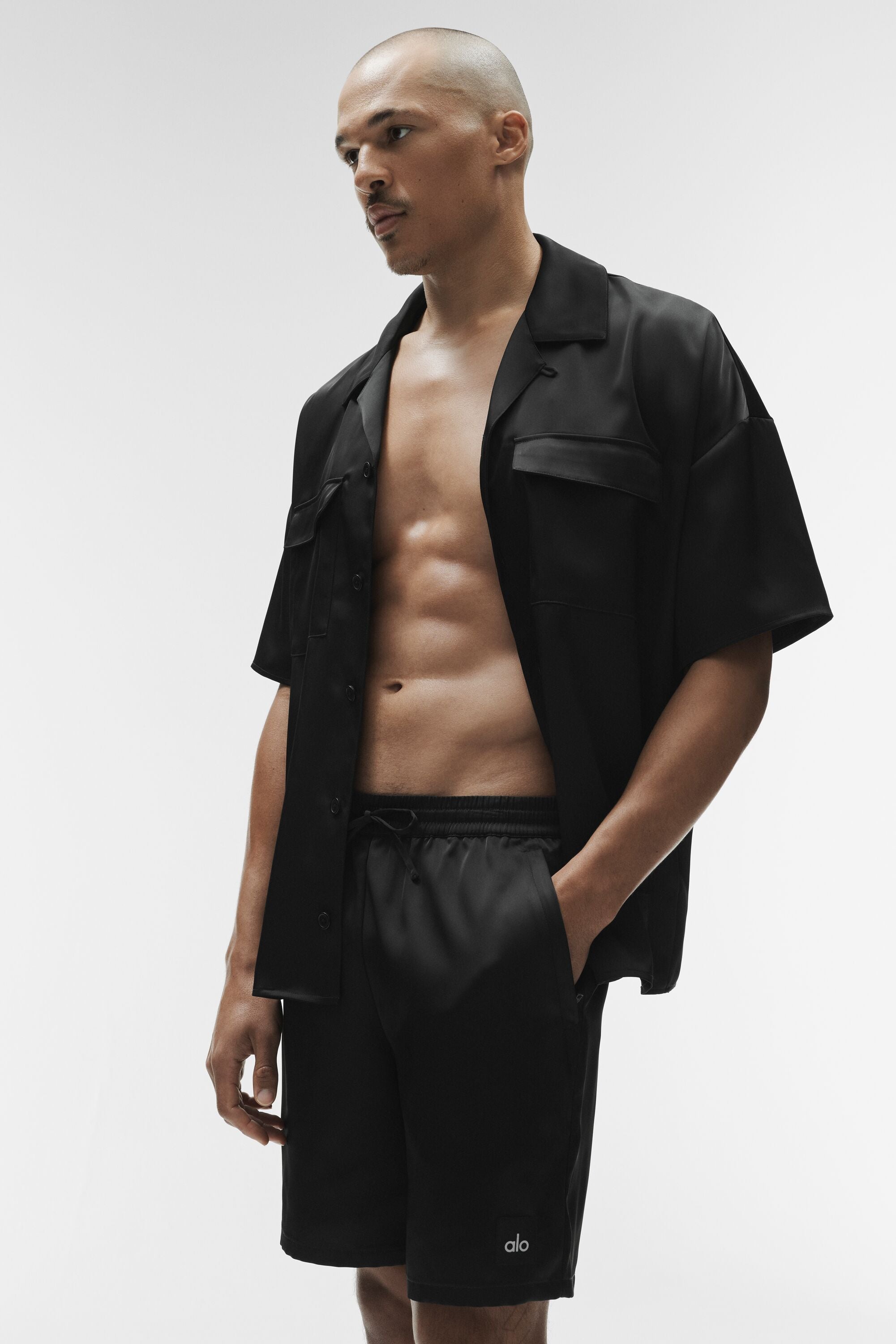 Alo Yoga Satin Horizon Short Sleeve Button Up - Black