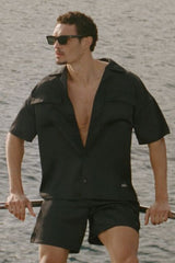 Alo Yoga Satin Horizon Short Sleeve Button Up - Black