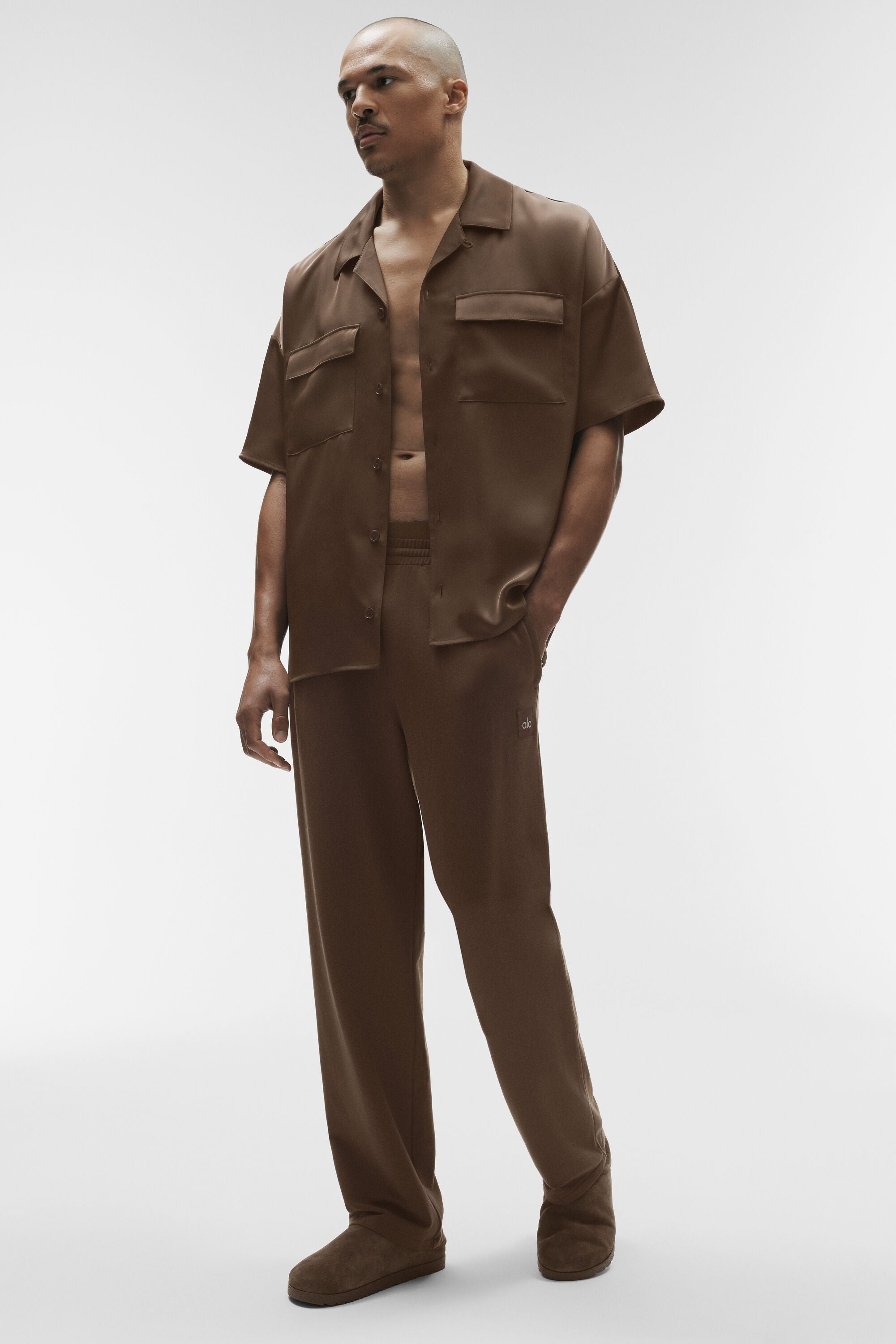 Alo Yoga Satin Horizon Short Sleeve Button Up - Espresso