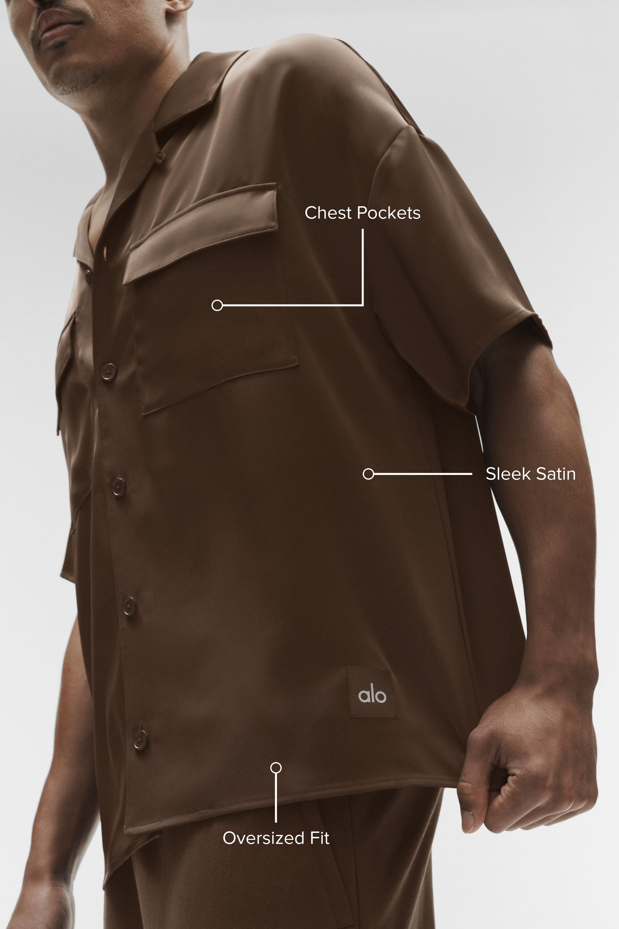 Alo Yoga Satin Horizon Short Sleeve Button Up - Espresso