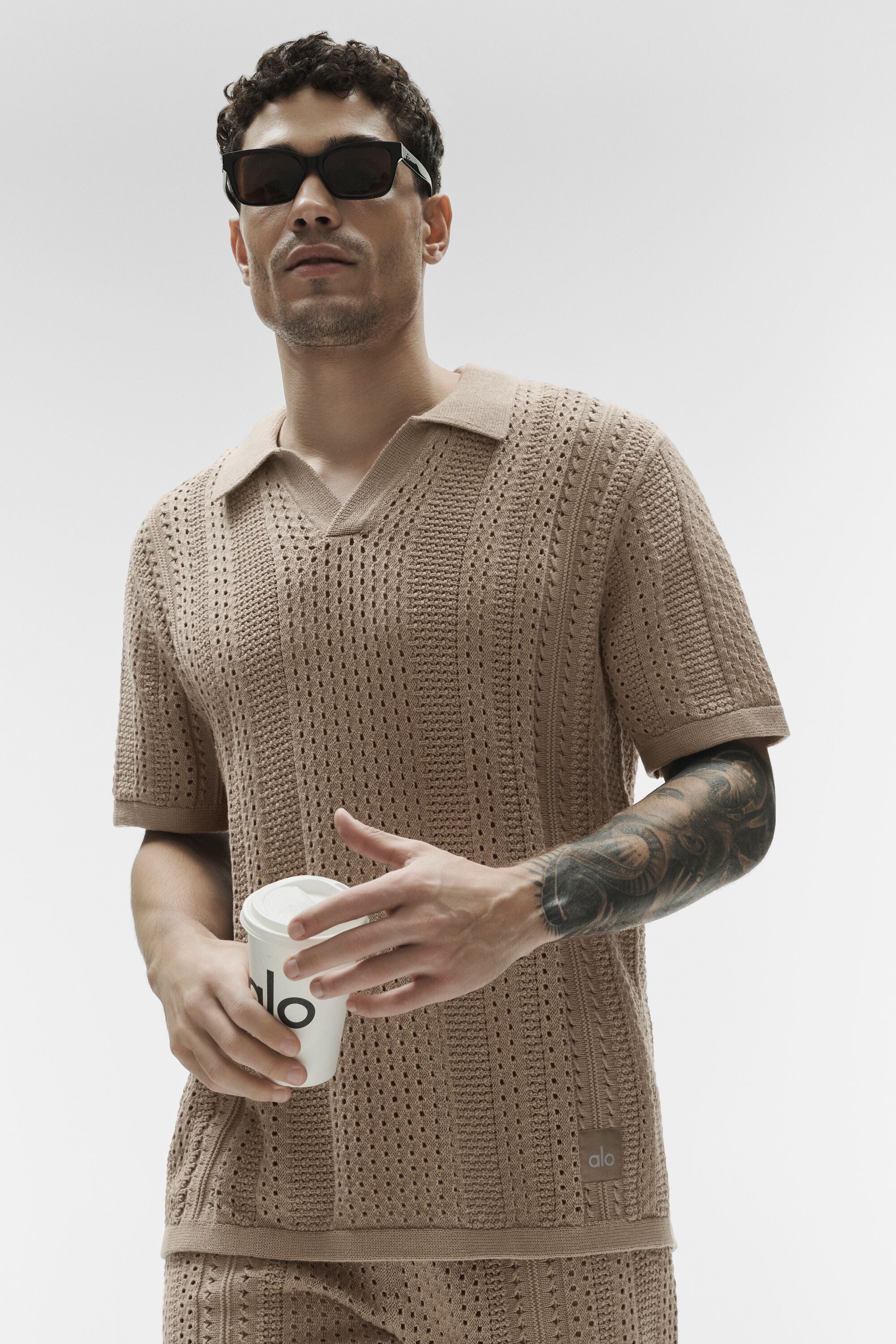 Alo Yoga Coastline Knit Short Sleeve Polo - Gravel