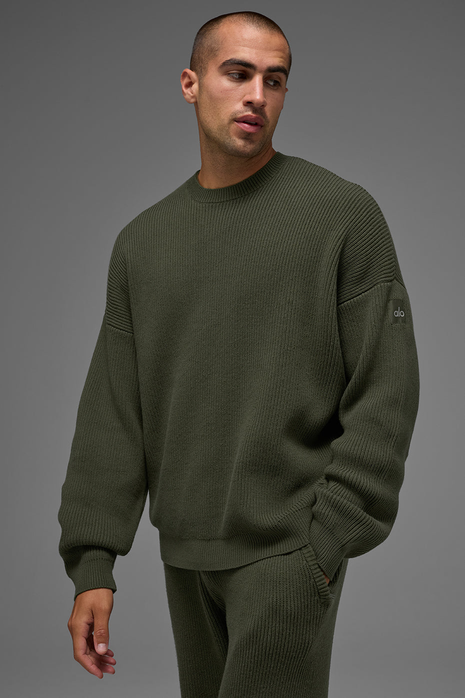 Alo Yoga Domain Rib Knit Crew Sweater - Green Olive