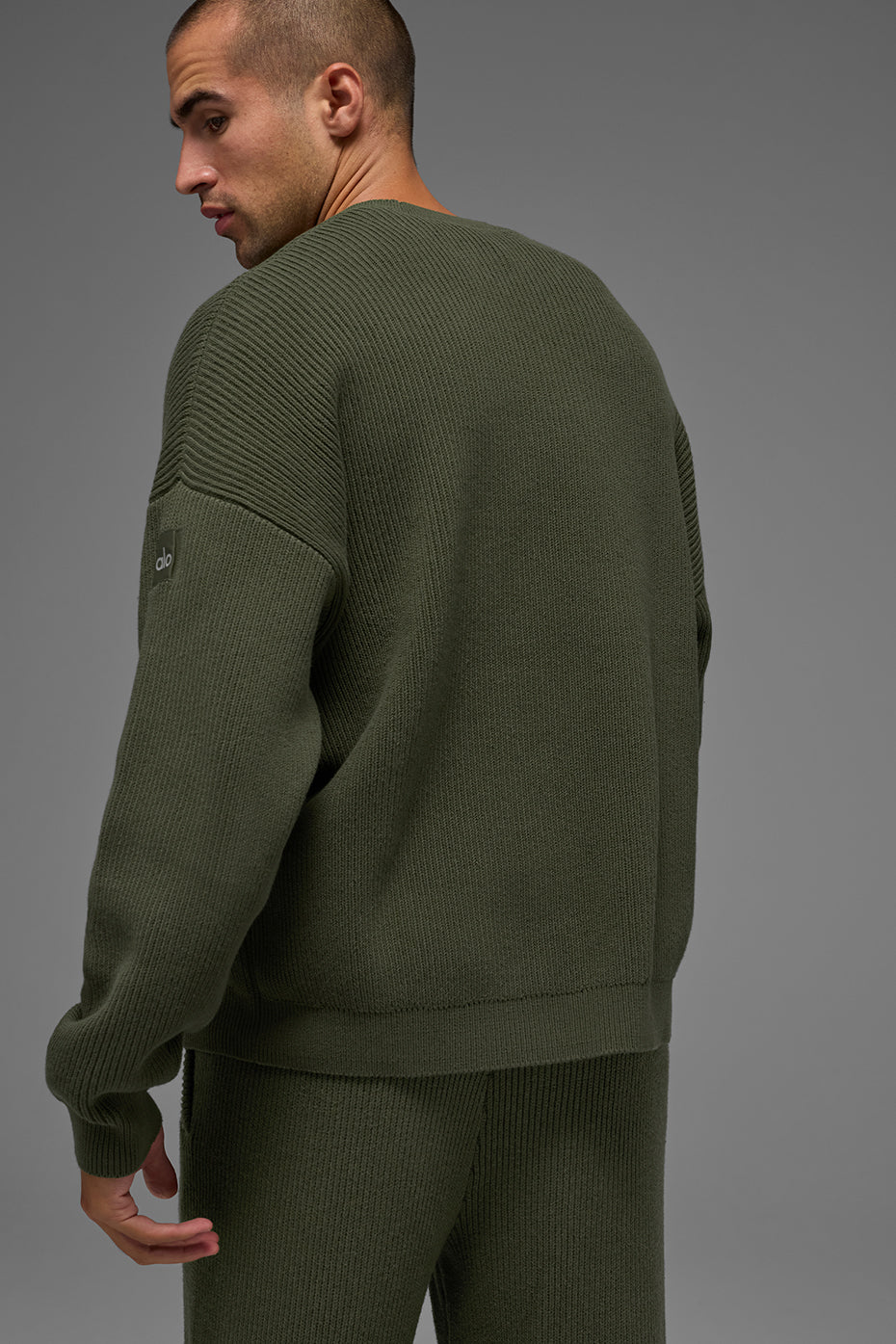 Alo Yoga Domain Rib Knit Crew Sweater - Green Olive