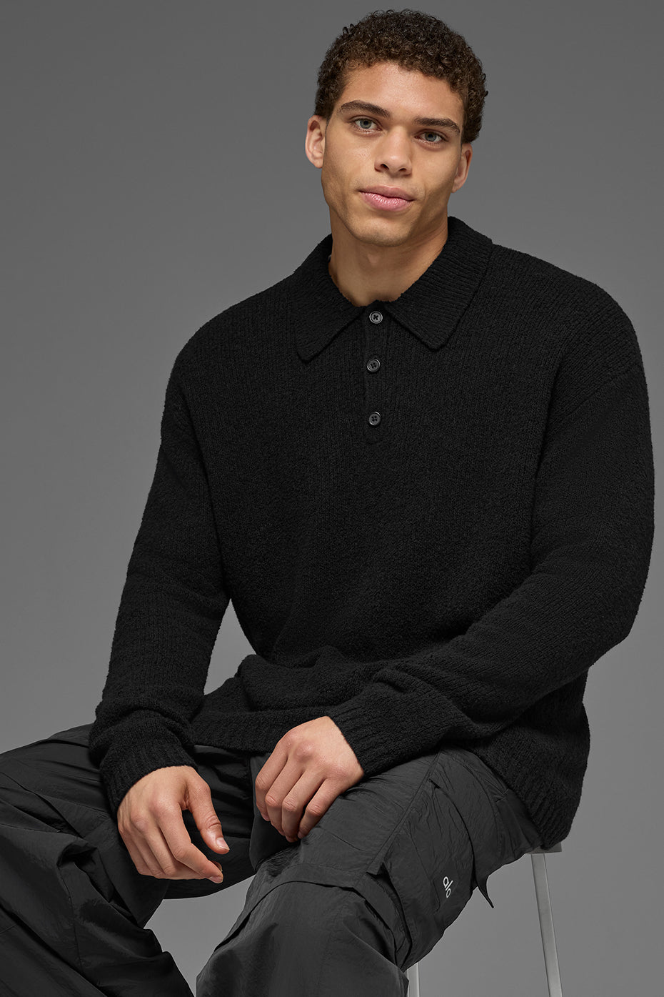 Alo Yoga Textured Knit Long Sleeve Polo - Black