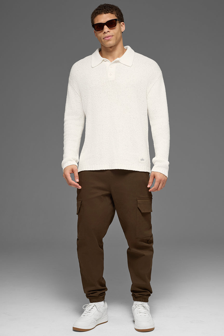 Alo Yoga Textured Knit Long Sleeve Polo - Ivory