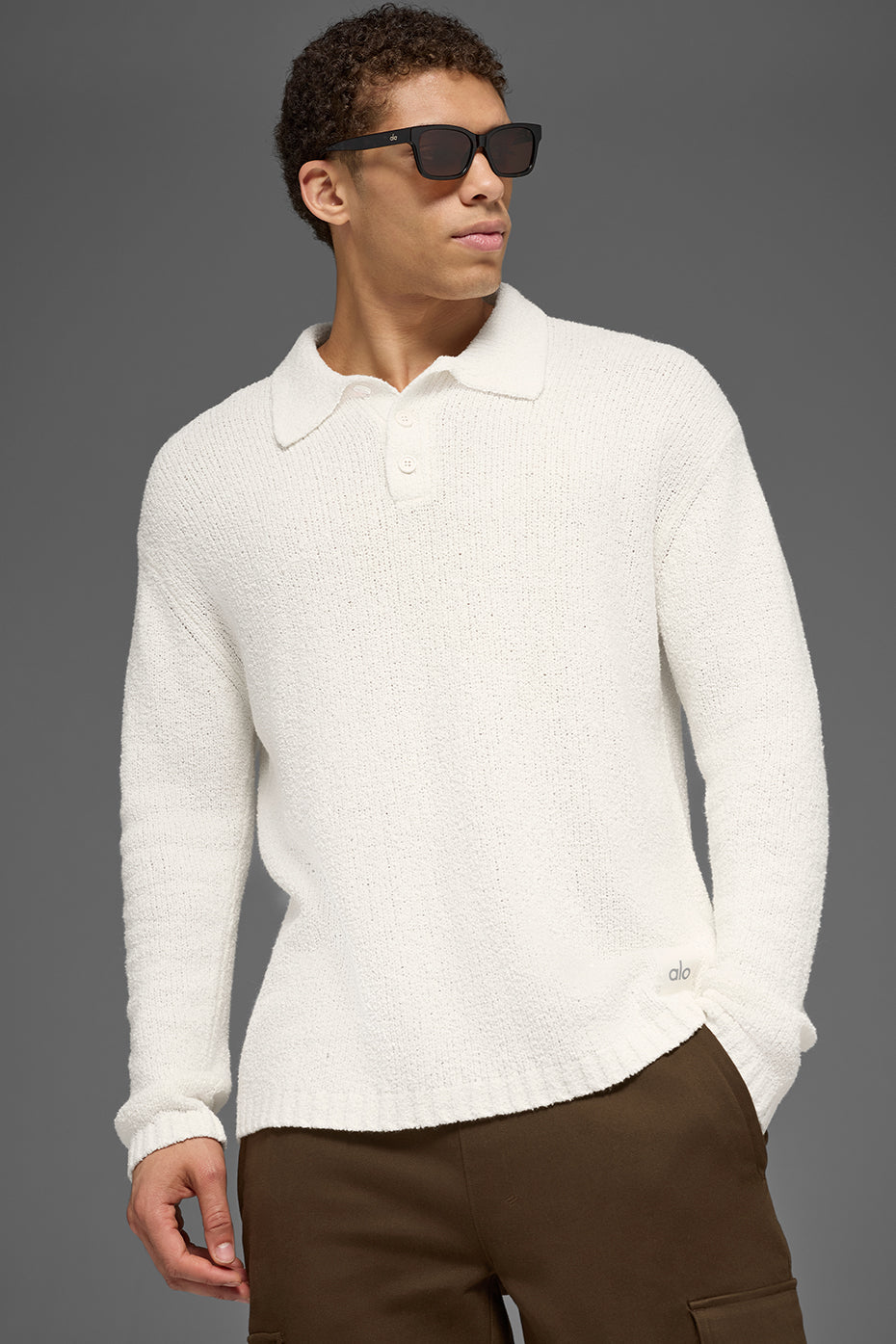 Alo Yoga Textured Knit Long Sleeve Polo - Ivory