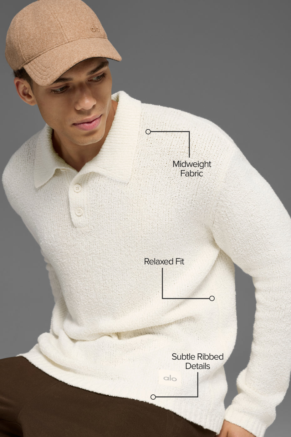 Alo Yoga Textured Knit Long Sleeve Polo - Ivory