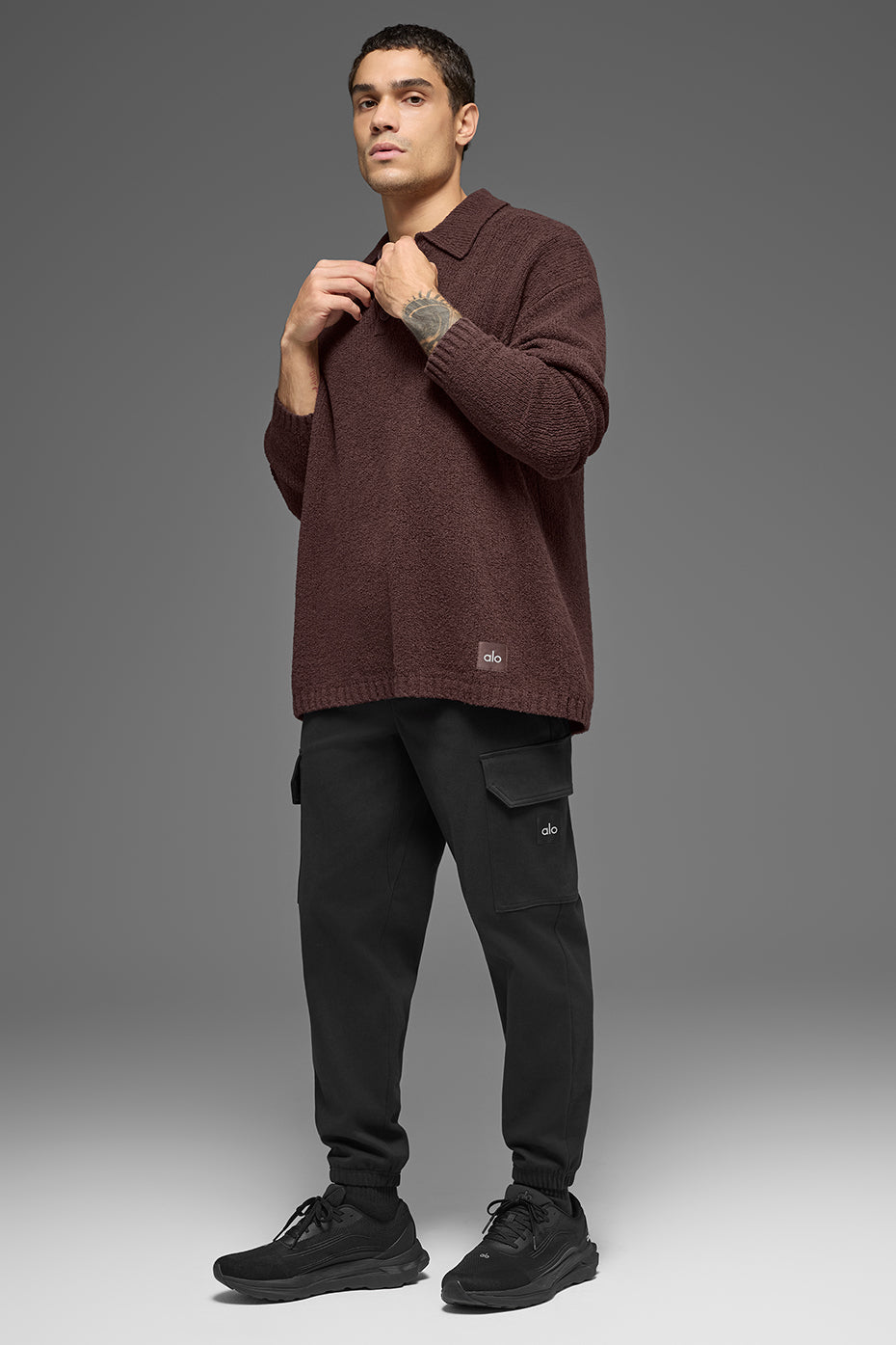 Alo Yoga Textured Knit Long Sleeve Polo - Brownstone