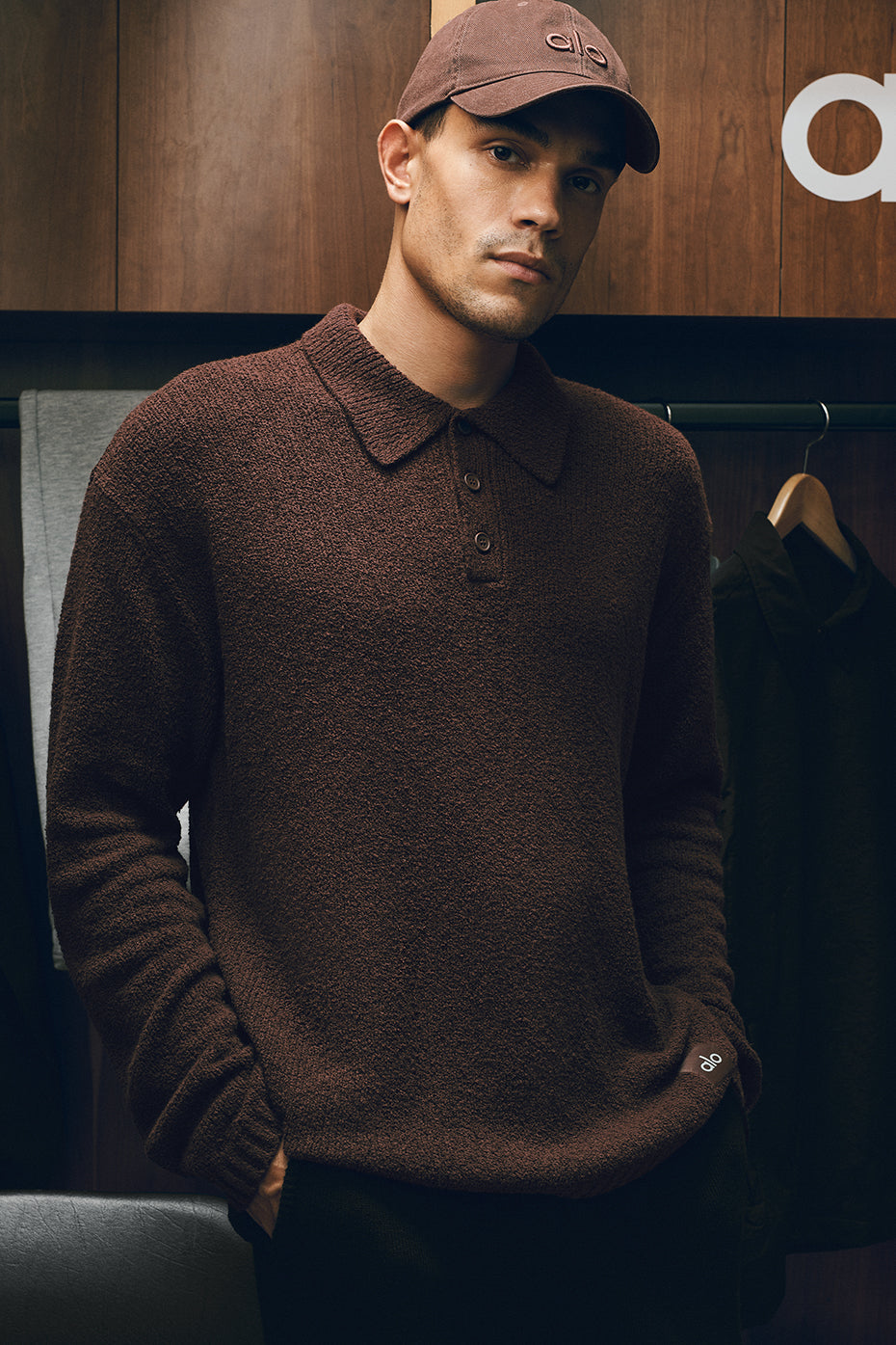 Alo Yoga Textured Knit Long Sleeve Polo - Brownstone