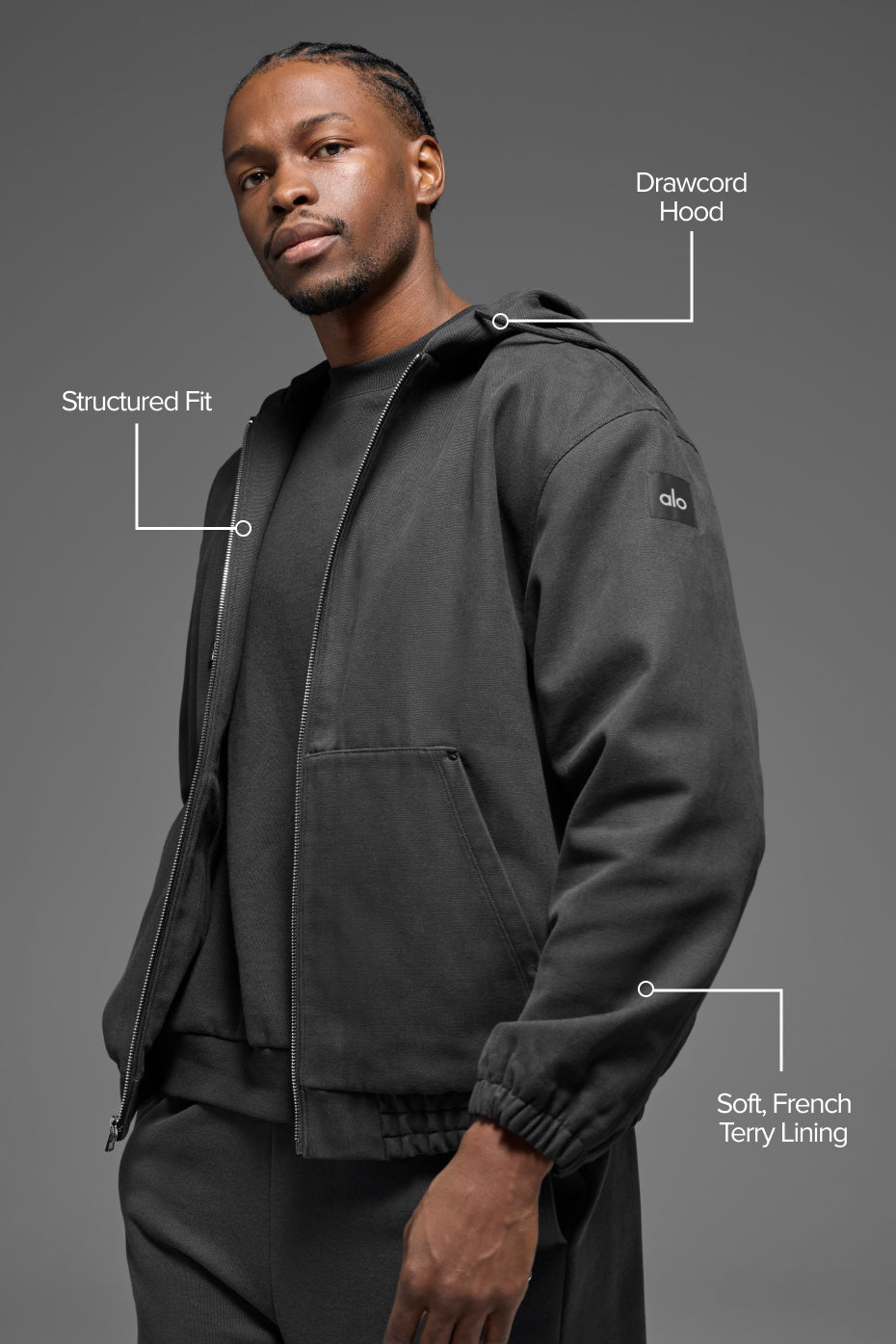 Alo Yoga Cotton Canvas Full Zip Hoodie - Anthracite