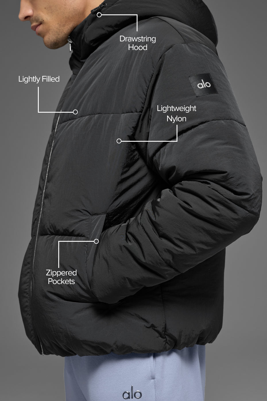 Alo Yoga Crinkle Nylon Hooded Stage Puffer - Black