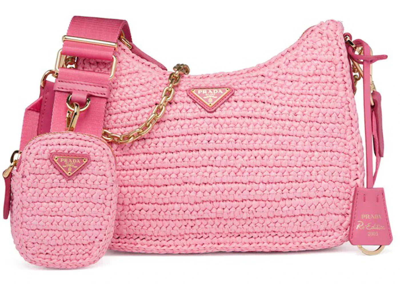 prada re-edition 2005 raffia bag petal pink