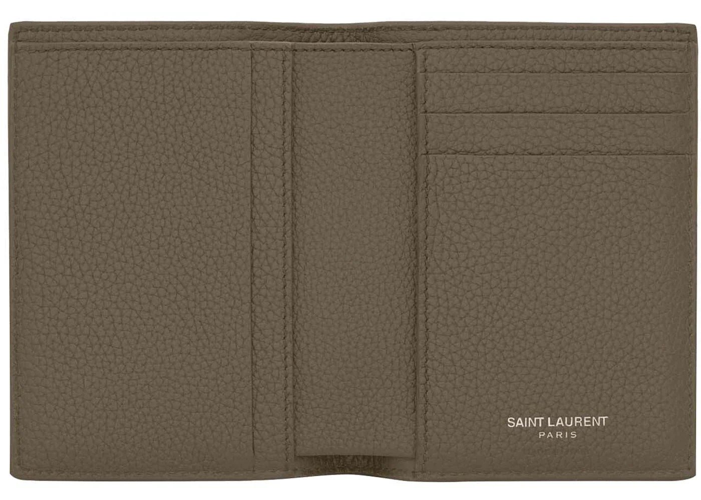 Saint Laurent Tiny Cassandre Credit Card Wallet In Grained Leather Dark Khaki