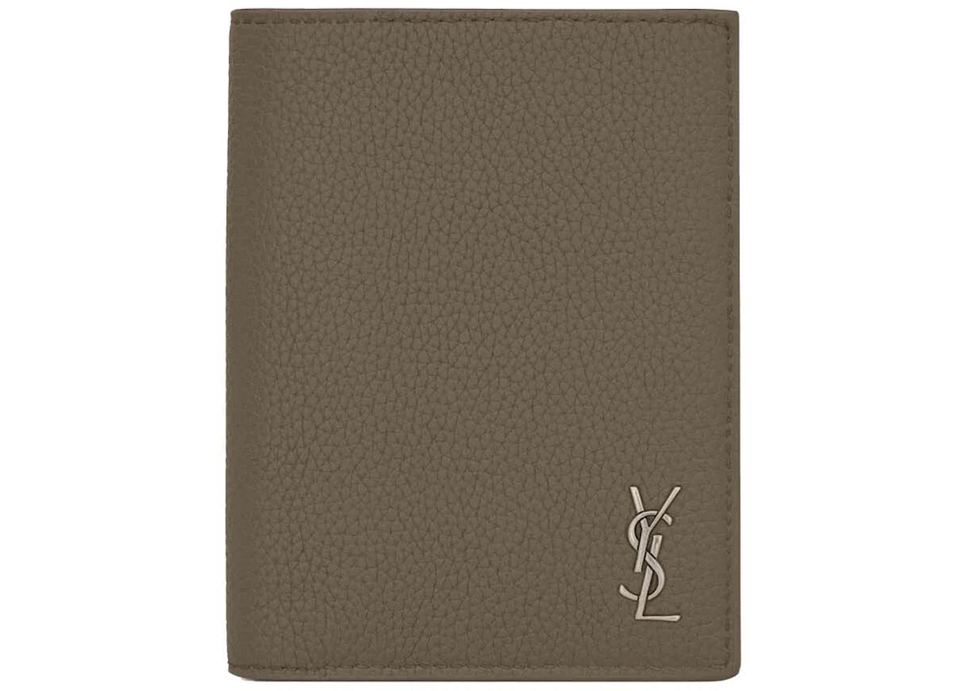 Saint Laurent Tiny Cassandre Credit Card Wallet In Grained Leather Dark Khaki