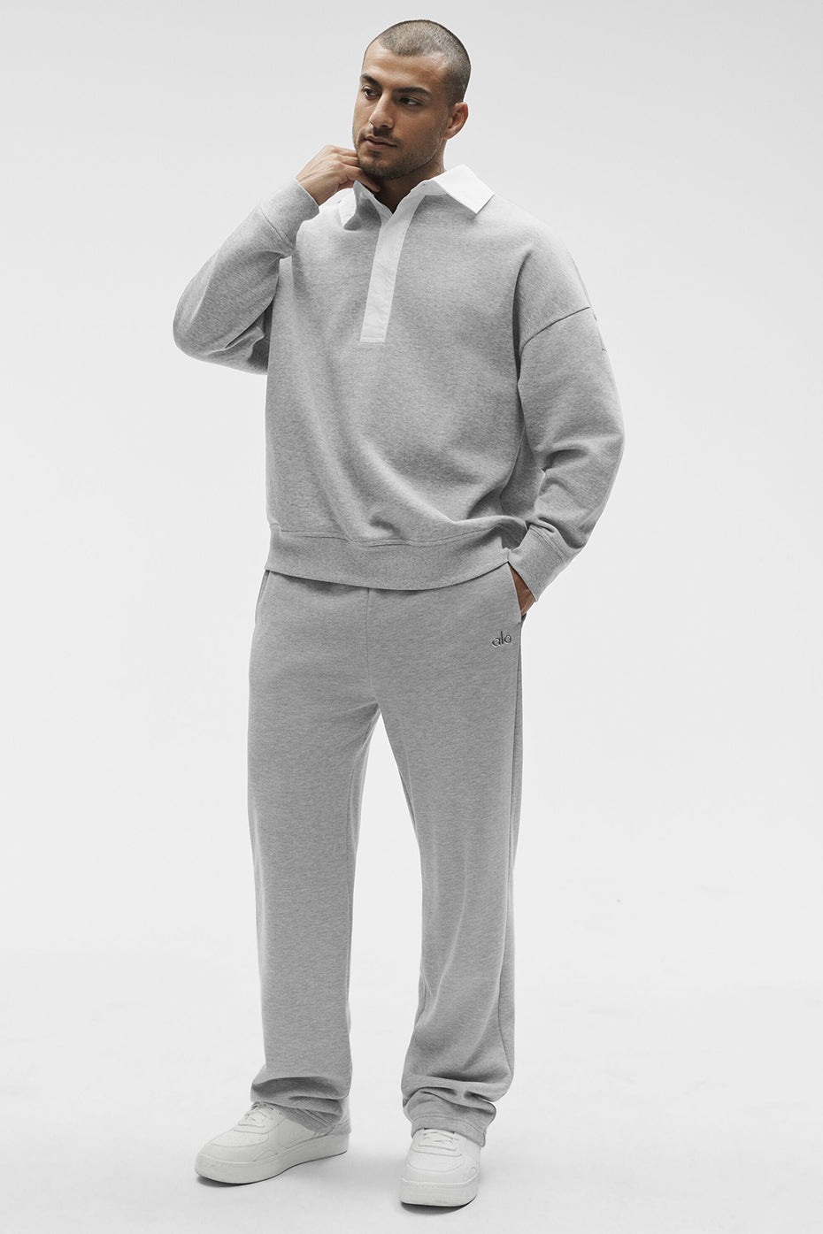 Alo Yoga Take It Easy Long Sleeve Henley Pullover - Athletic Heather Grey/White