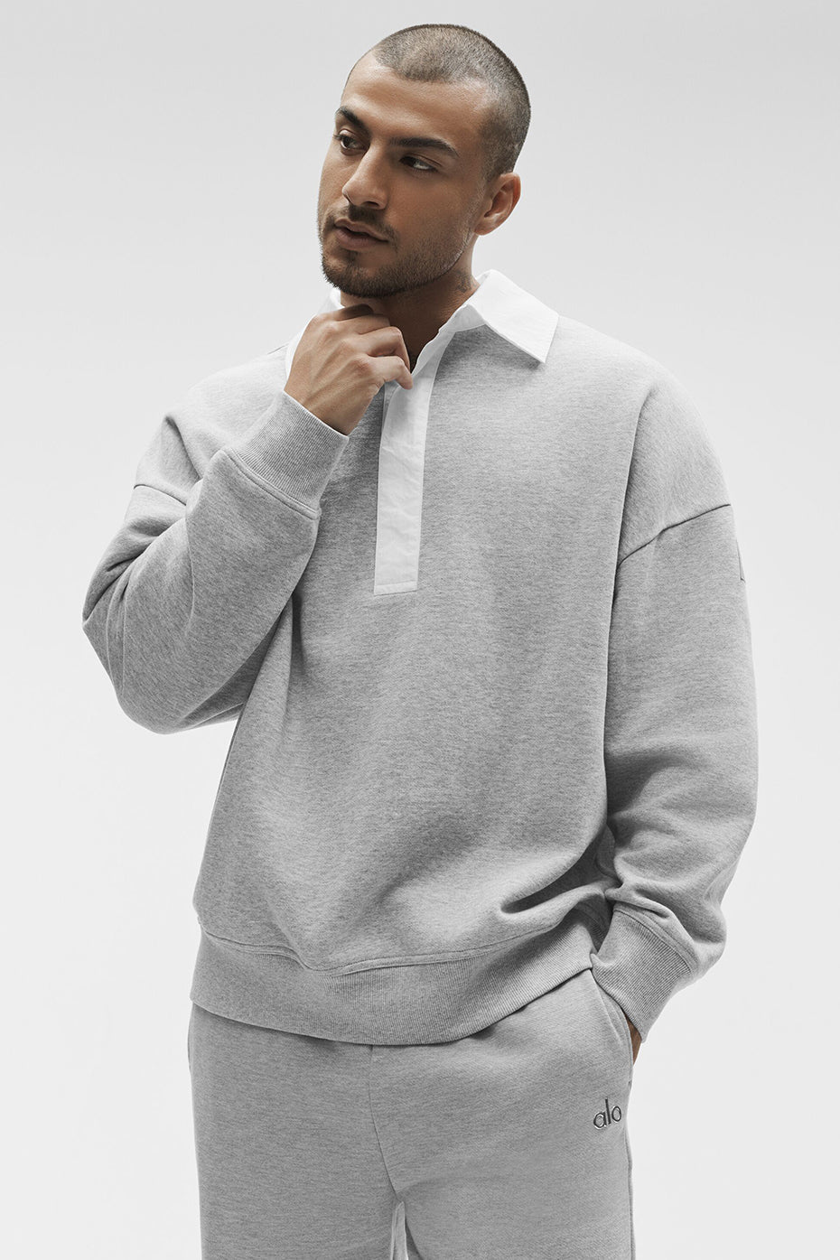 Alo Yoga Take It Easy Long Sleeve Henley Pullover - Athletic Heather Grey/White