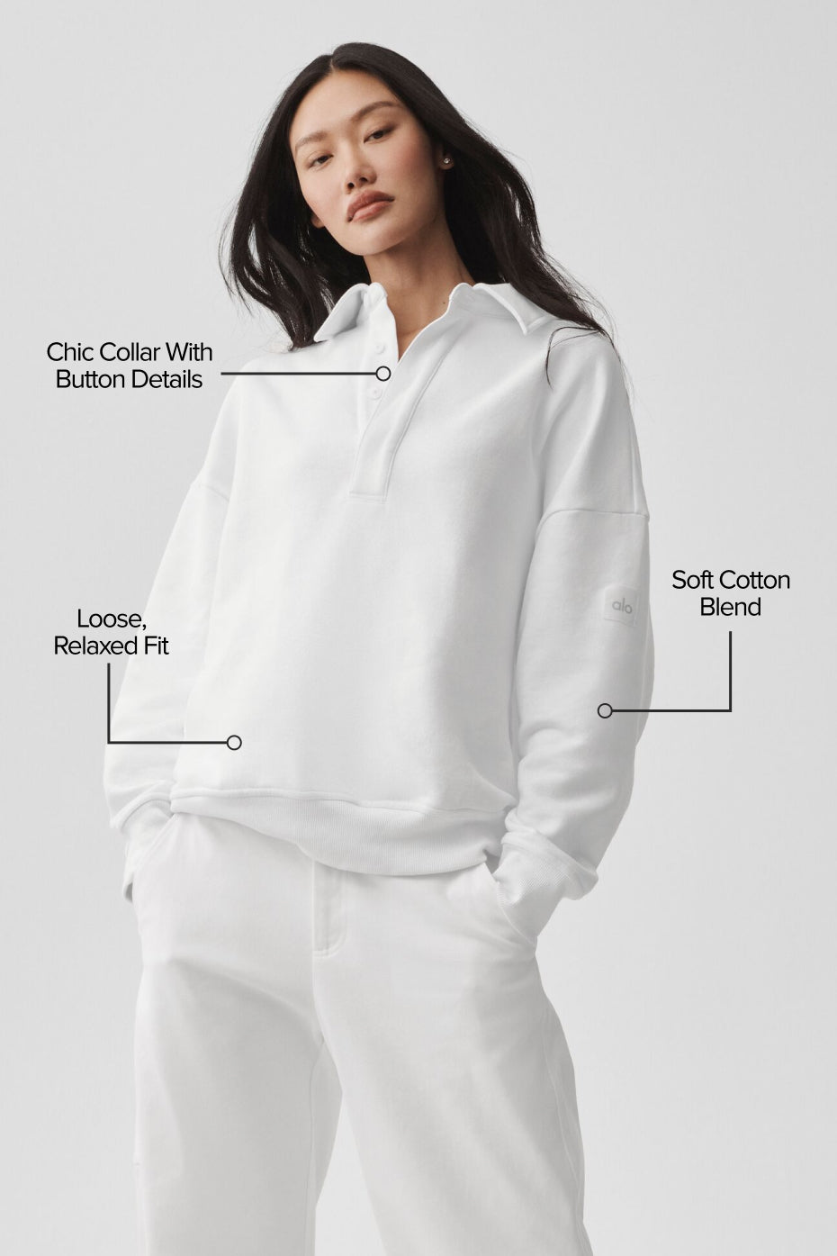 Alo Yoga Take It Easy Long Sleeve Henley Pullover - White
