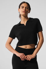Alo Yoga Cashmere Plush Waffle Polo Tee - Black