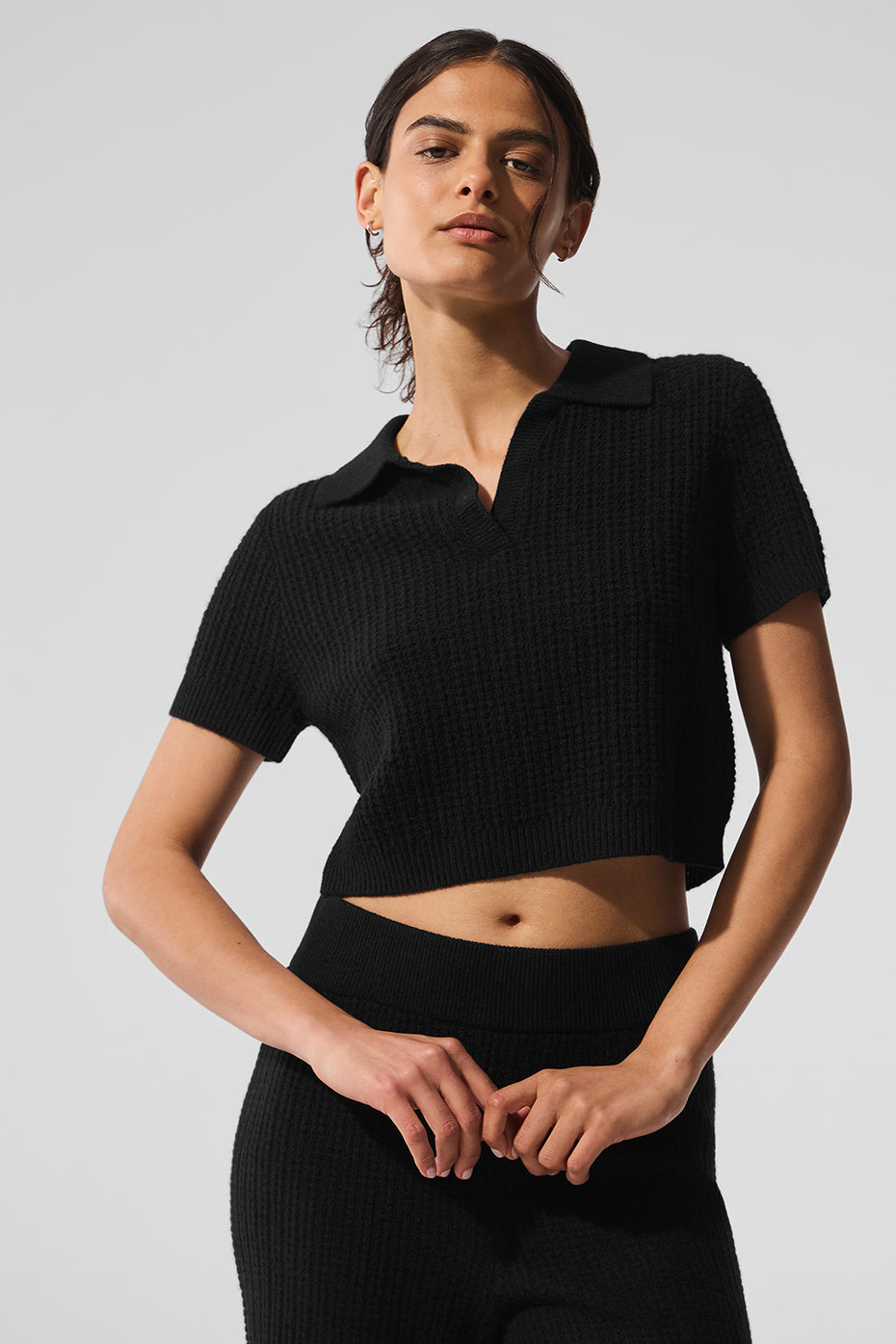 Alo Yoga Cashmere Plush Waffle Polo Tee - Black