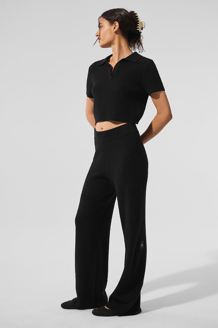 Alo Yoga Cashmere Plush Waffle Polo Tee - Black