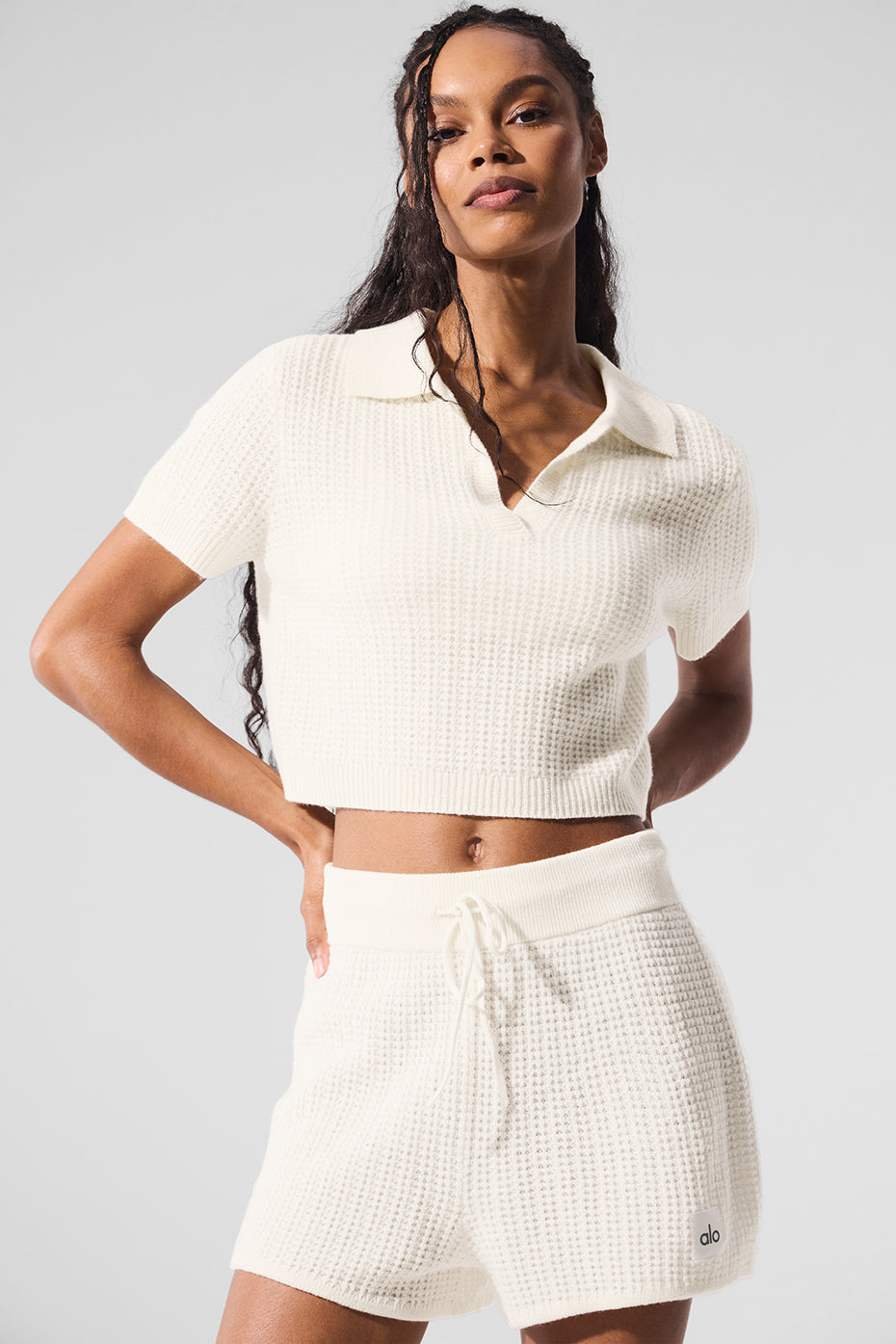 Alo Yoga Cashmere Plush Waffle Polo Tee - Ivory