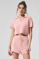 Alo Yoga Cashmere Plush Waffle Polo Tee - Pink Quartz