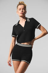 Alo Yoga Tennis Club Sweater Knit Cropped Polo - Black/Ivory